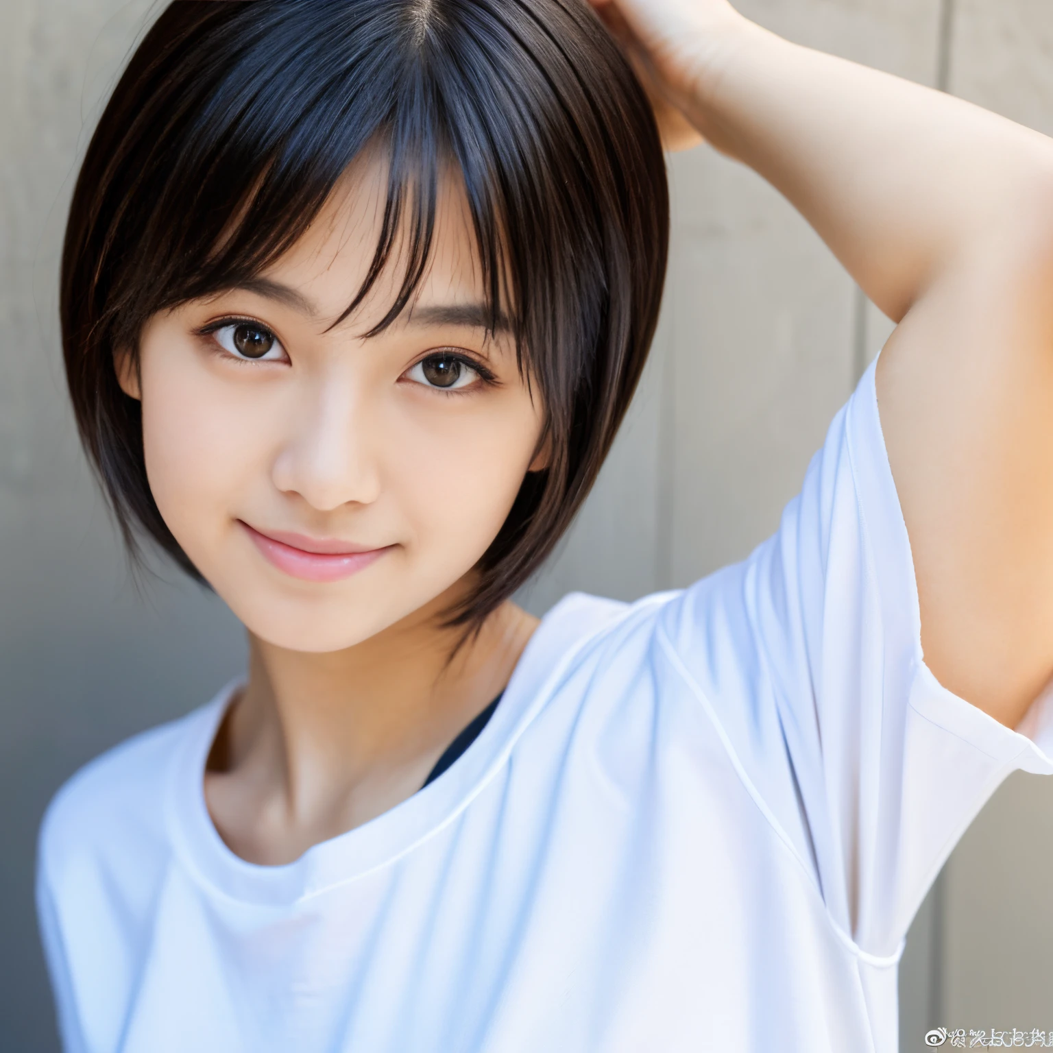 One girl,summer,Inside the room,Standing,Black Hair,Fluffy short hair,Navy Blue,Tanktops,Chest line,smile,,Neat face,front,Look here,transparent,  Soft Light,(masterpiece, Highest quality), Structure of the film, Like a movie