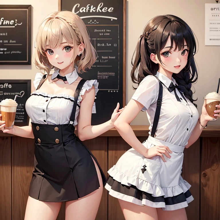 1girl in,A cute girl who works part-time at a cafe is showing panty shots from her skirt.,cute like an idol,ssmile,common braid,Accurately drawn face,Slender A cup,beauty legs,tre anatomically correct,perfectly proportions,Carry the coffee with a tray in your right hand.,mini apron dress,The skirt is flipped up and the striped panties are peeking out..,Active Poses and Angles,In an open café,​masterpiece,hiquality,