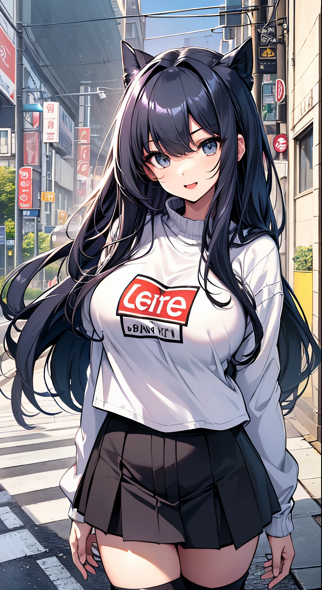top-quality、supreme1People Girls,hightquality,A detailed face、A detailed eye、Detailed nose、Detailed mouth、 Beautiful expression, ((masuter piece)), ((High resolution)), ((Best Quality)), detail, (Excited face.Very happy,),(tshirts、parka、Tight mini skirt、Black stockings、long boots、One bag)、 girl with,Blue-haired, (Long straight hair)、Standing figure、fair white skin:1.3、、Big breasts, cinmatic lighting, perfectly shaded,(((In the street))), Realistic lighting with shades,Reflecting the whole body