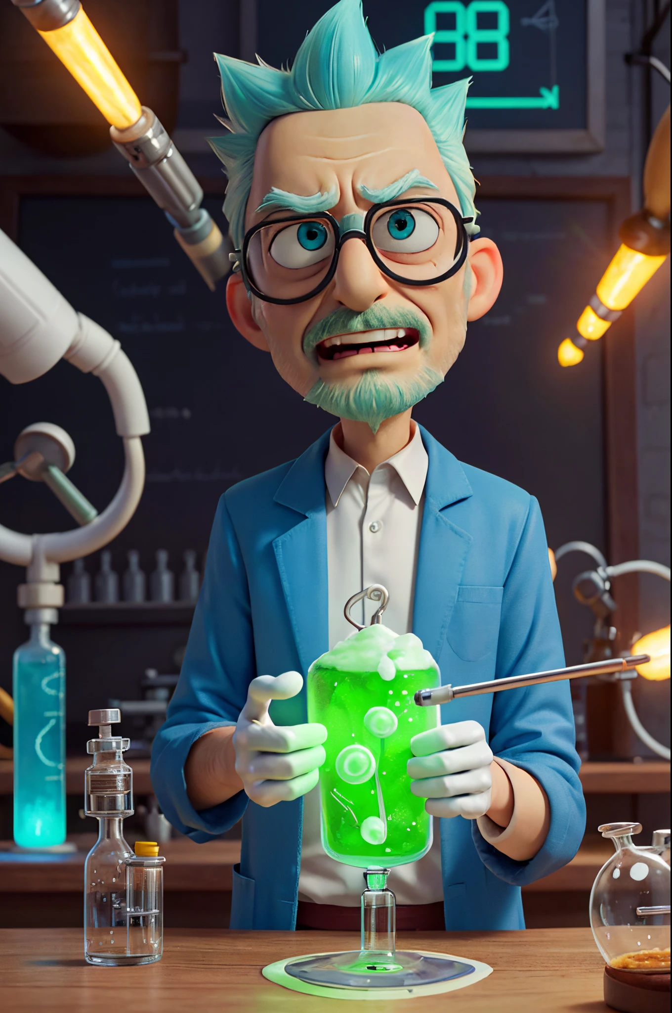 (best quality,highres:1.2),ultra-detailed,portrait,character from "Rick and Morty",Rick Sanchez,blue spiked hair,hair sticking out in different directions,beard stubble,scientist lab coat,colored lab coat,pockets filled with scientific tools,glasses with round frames,intense expression,raised eyebrow,droopy eyes,unconventional square-shaped pupils,characteristic unibrow,sarcastic smile,wrinkles around the eyes and forehead,aging lines on face,background with futuristic laboratory equipment,flickering lights,green glowing chemicals,bubbling test tubes,smoke coming out of beakers,scientific equations and formulas written on the walls,serious and confident posture