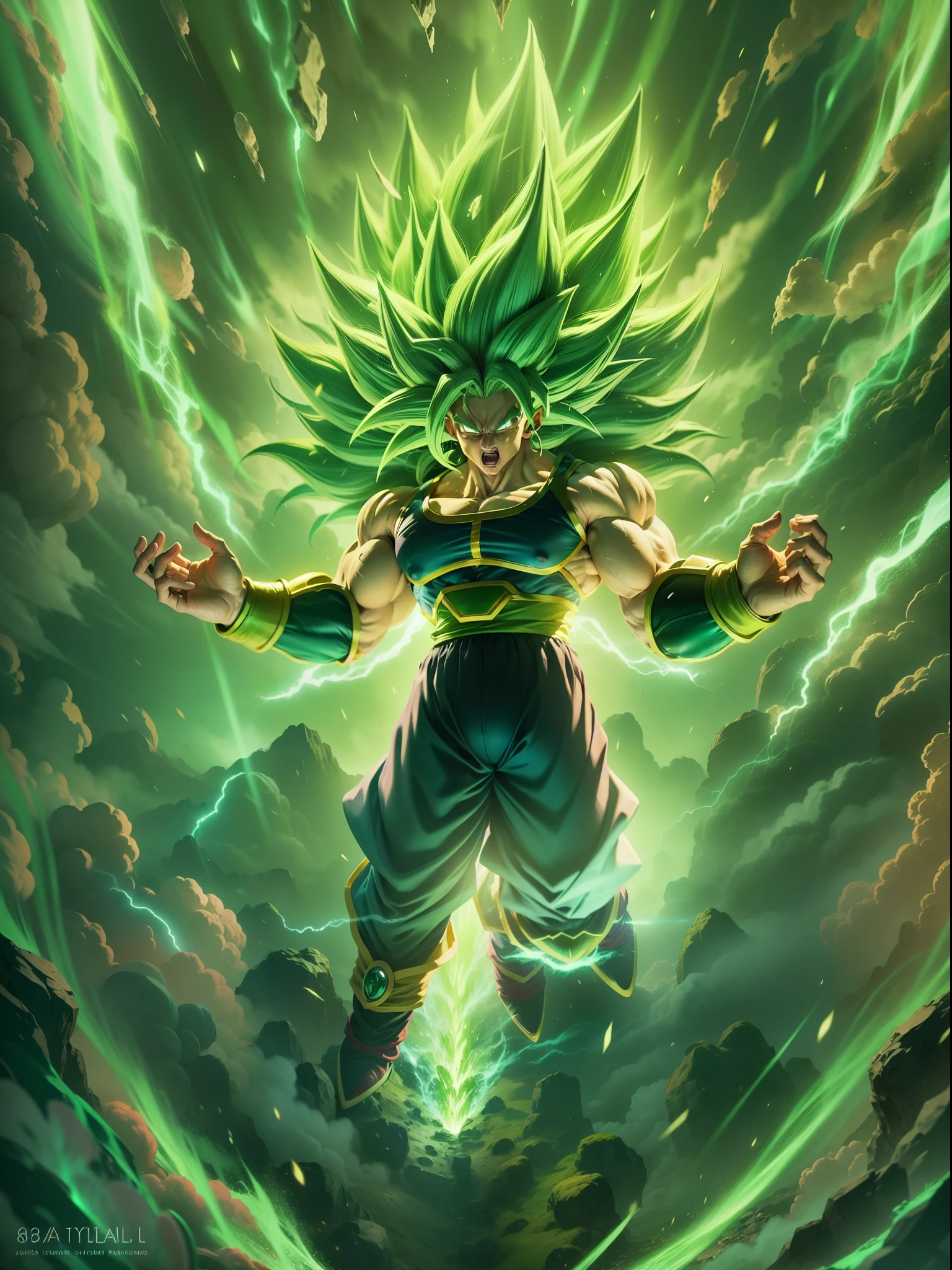 1man, super broly, dragon ball super, japanese manga, unleashed powers, green hairs, broly powers are unleashed, green lighting, cinematic art, 8K resolution