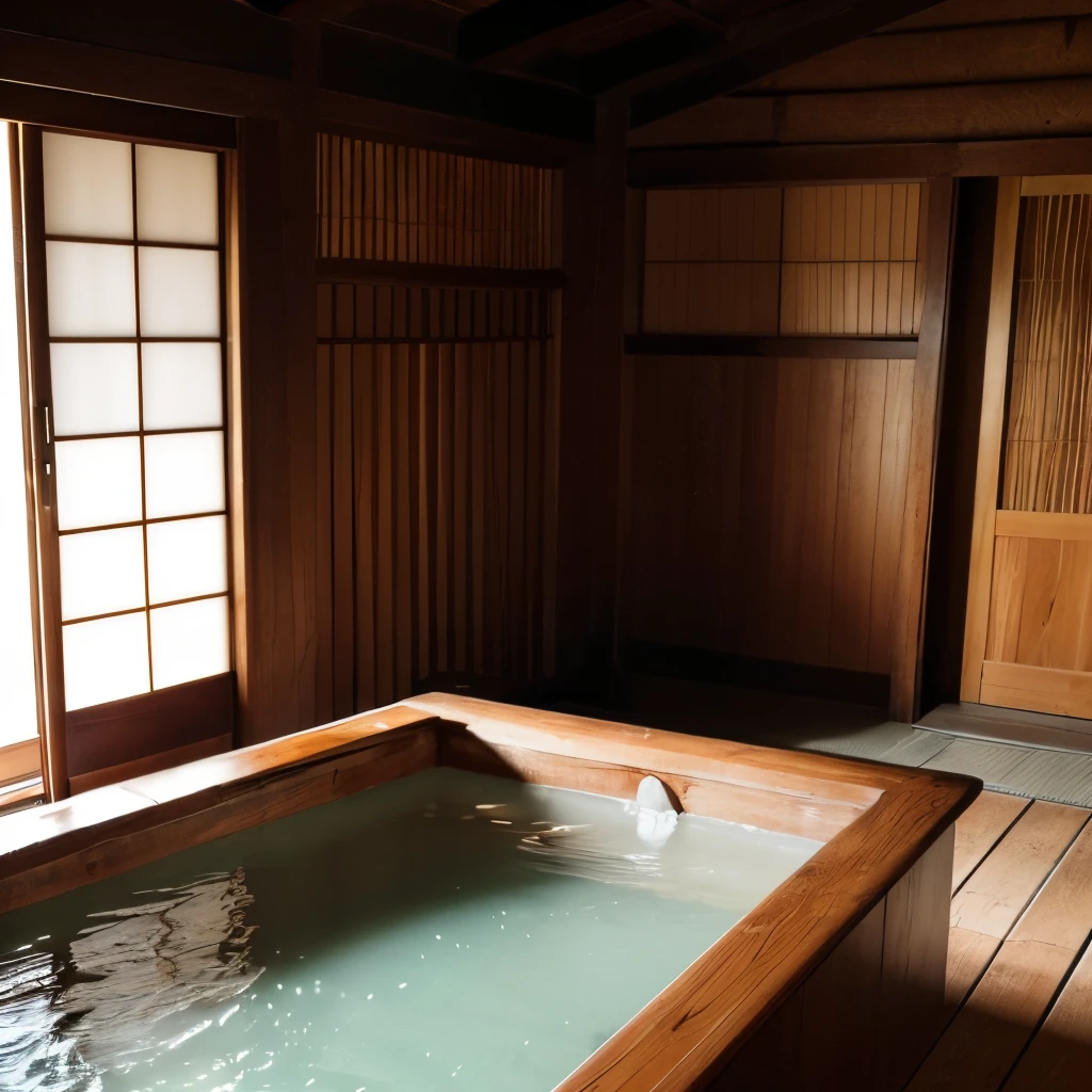 top-quality、masterpiece、超A high resolution、8K、(Photorealsitic:1.4)、Raw photo、ryokan、old wooden building、Very large bathhouse、A large wooden bathtub is embedded in the floor、Bathroom surrounded by wooden walls、No windows、There are no shoji windows.