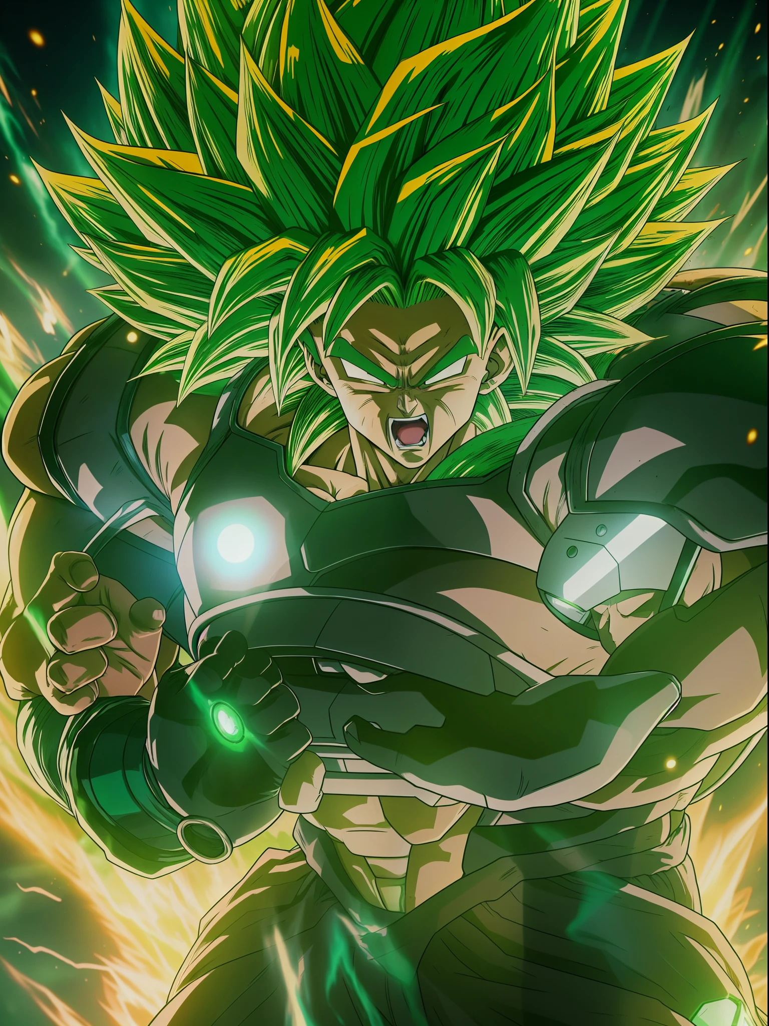 1man, super broly, dragon ball super, japanese manga, unleashed powers, green hairs, broly powers are unleashed, green lighting, cinematic art, 8K resolution