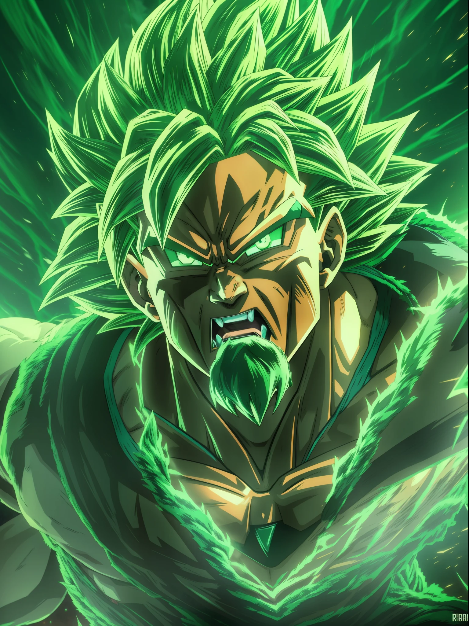 1man, super broly, dragon ball super, japanese manga, unleashed powers, green hairs, broly powers are unleashed, green lighting, cinematic art, 8K resolution