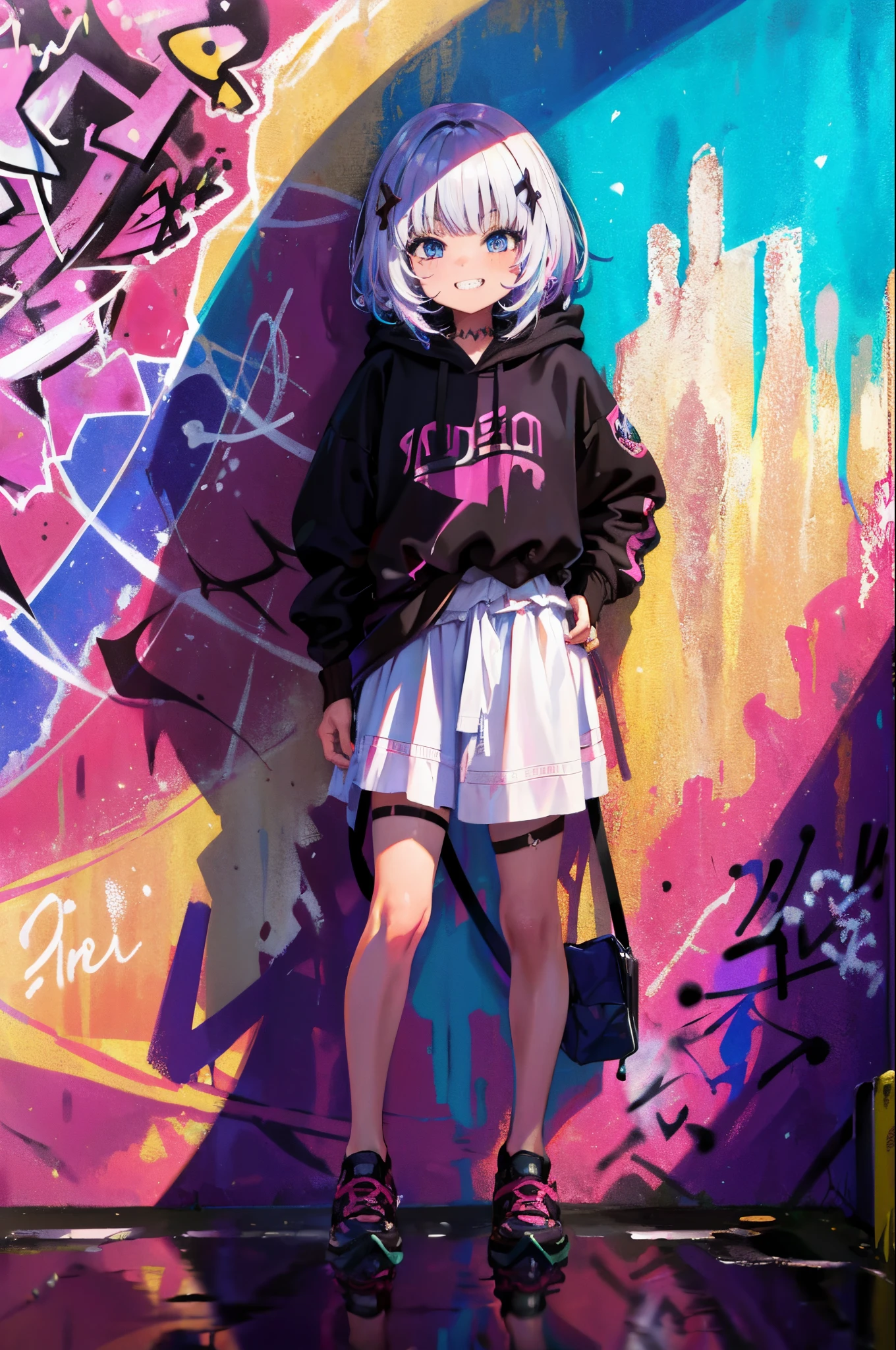 masterpiece, high quality, absurdres, highres, absurdres, ultra-detailed, 8k, 1girl, short hair, azure hair with coloured tips, gradient hair, looking at viewer, multicoloured eyes, colorful hoodie, colourful splashes, (graffiti murals wall background:1.15), brilliant colorful paintings, bloom, portrait, cross hair ornament, jagged teeth, smiling, waist bag, against wall, bangs, shadow, reflection, cool pose