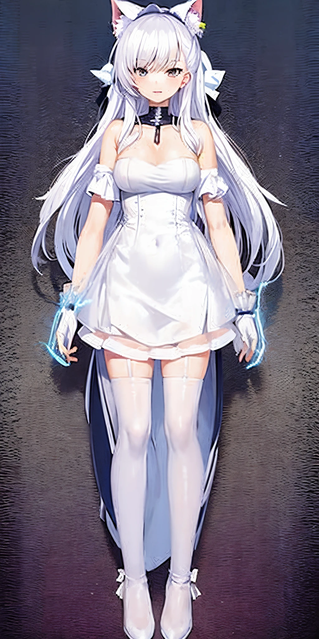 One in a white dress、Anime character of woman with cat ears, Cute anime waifu wearing nice clothes, White dress!! silber hair, azur lane style, Translucent liquid comes from《Azure route》videogame, **** in dress, 《Azure route》人物, from girls, clear outfit design, Anime full body illustration, white-haired god, Official character art