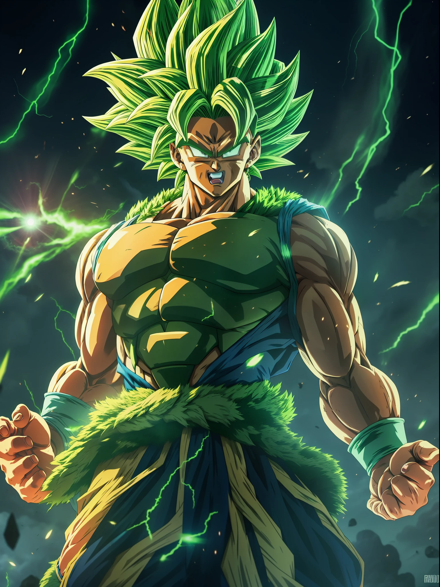 1man, super broly, dragon ball super, japanese manga, unleashed powers, green hairs, broly powers are unleashed, green lighting, cinematic art, 8K resolution