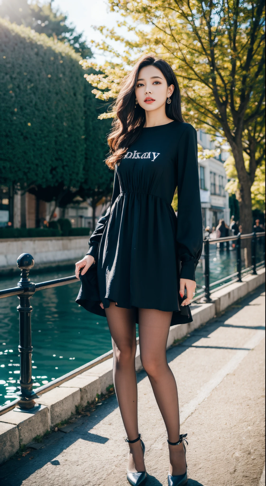 (Raw photo:1.2), (Photorealistic:1.4),Beautiful detailed woman,extremely detailed eye and face, A detailed eye, ultra - detailed,hight resolution, Very detailed,best qualtiy,illustratio,unified,8k壁纸,tmasterpiece,best qualtiy,1girll,standing on the wharf,The boat is in the water, long-sleeved dresses, soft silk dress, outside of house,lacepantyhose,耳Nipple Ring,jewely,high-heels,looking at viewert,black colored hair,Black shoes,full body Esbian,standing on your feet,Printed dress,long-sleeve,Long grey hair,In the daytime,with brown eye,Printing,street corner,robe blanche,bblurry