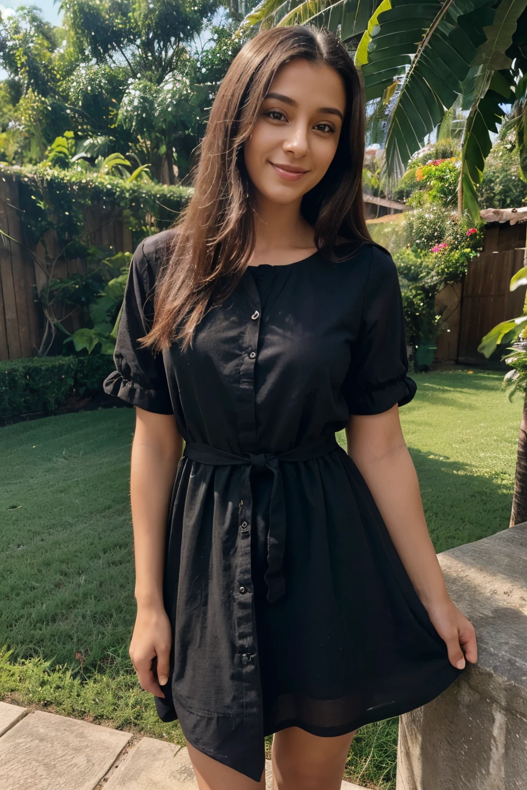 4 imagena detalhadas de uma mulher com pele branca e cabelo preto sorrindo, She's wearing a dress, standing forward with hands on waist, it is in an open place overlooking the green area.