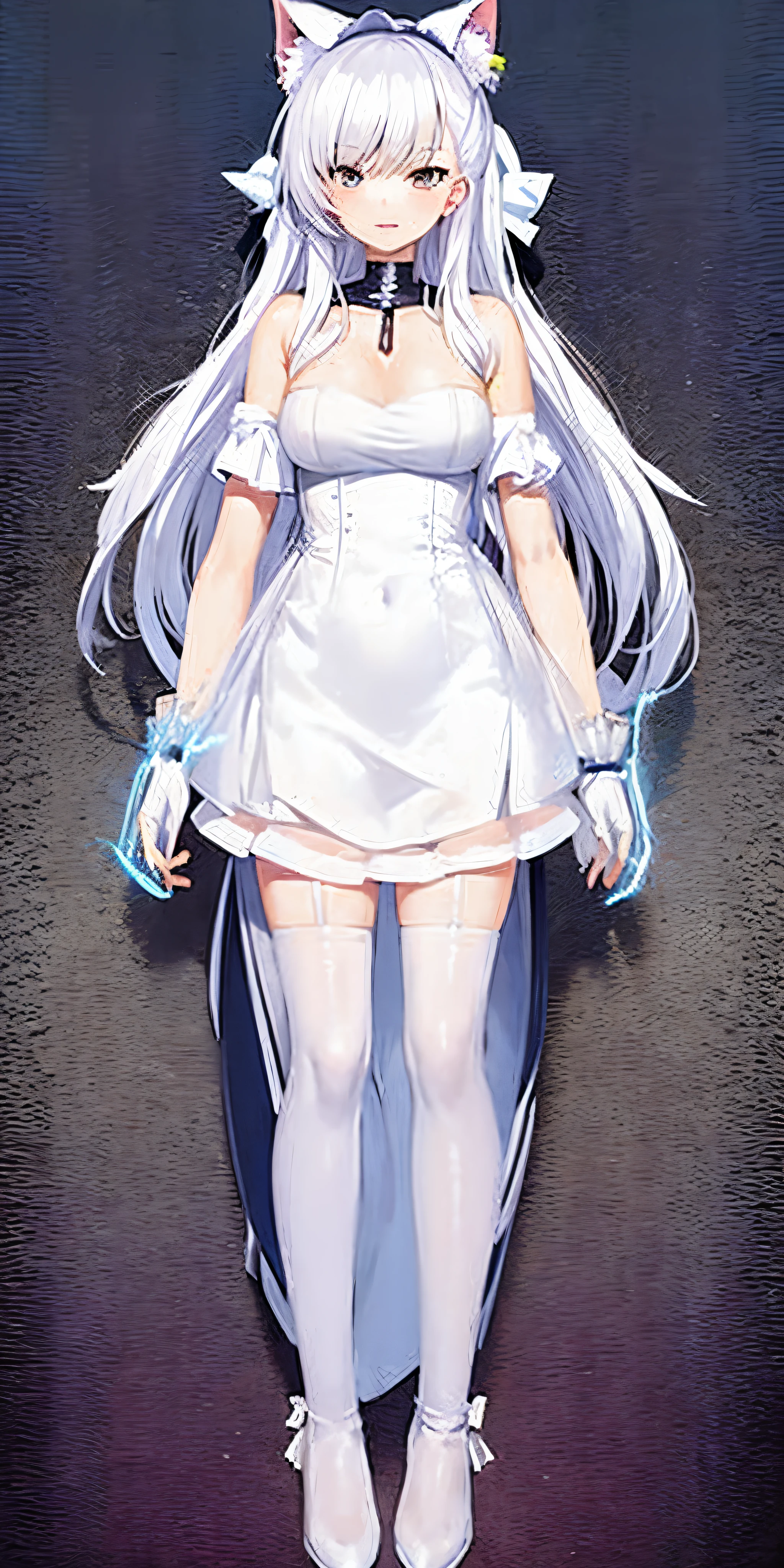 One in a white dress、Anime character of woman with cat ears, Cute anime waifu wearing nice clothes, White dress!! silber hair, azur lane style, Translucent liquid comes from《Azure route》videogame, loli in dress, 《Azure route》人物, from girls, clear outfit design, Anime full body illustration, white-haired god, Official character art