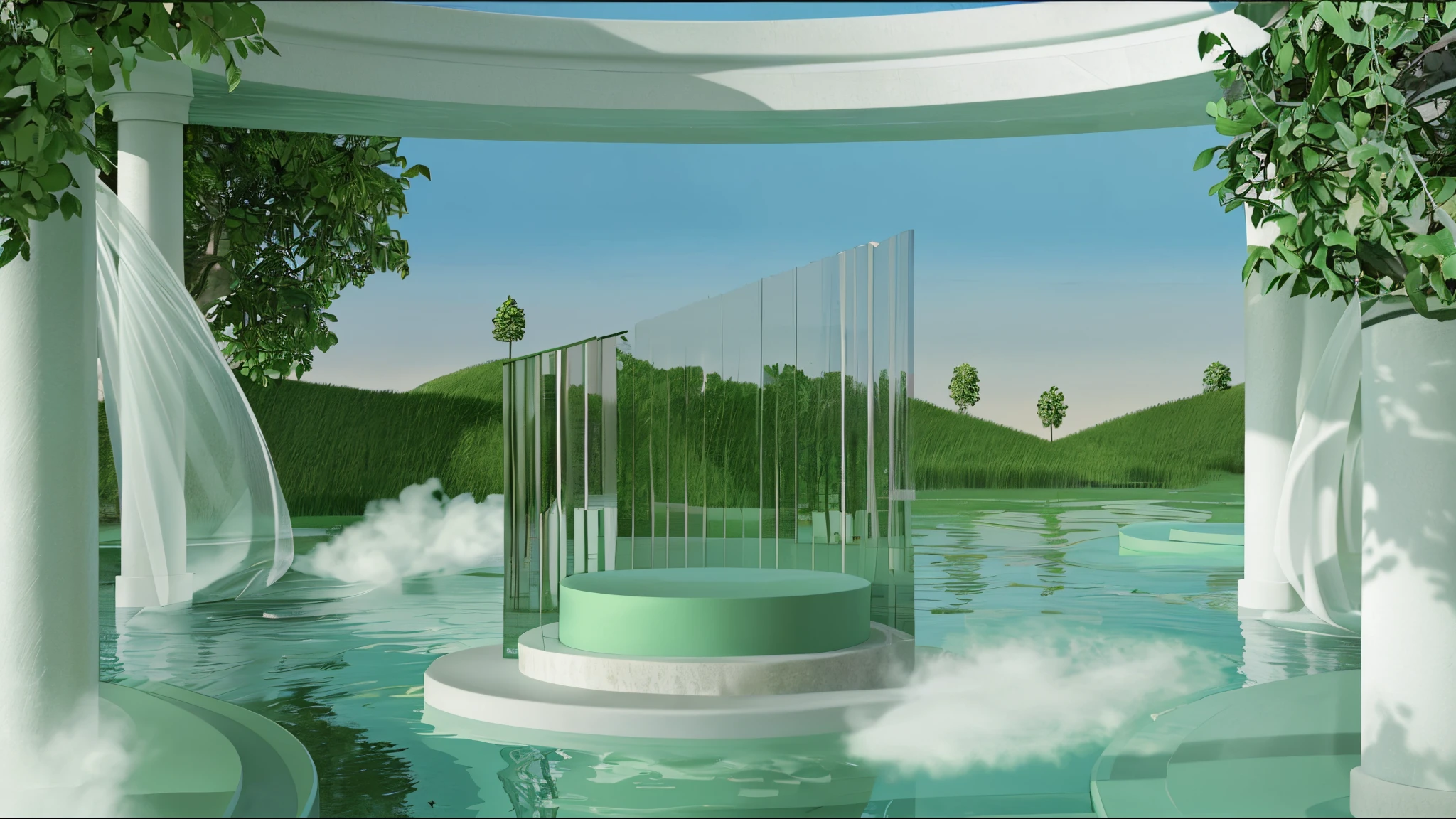 There is a large pool，There are fountains and waterfalls, futuristic setting, futuristic landscape, Surreal 3D rendering, 3D rendering style, 3d concept render, 3d concept render, conceptual rendering, land floating in the clouds, raytraced 3d set design, a digital rendering, Beauty pageant renderings, transparent glass surfaces, finalrender, finalrender, ethereal essence, advertising photograph,Do not draw people