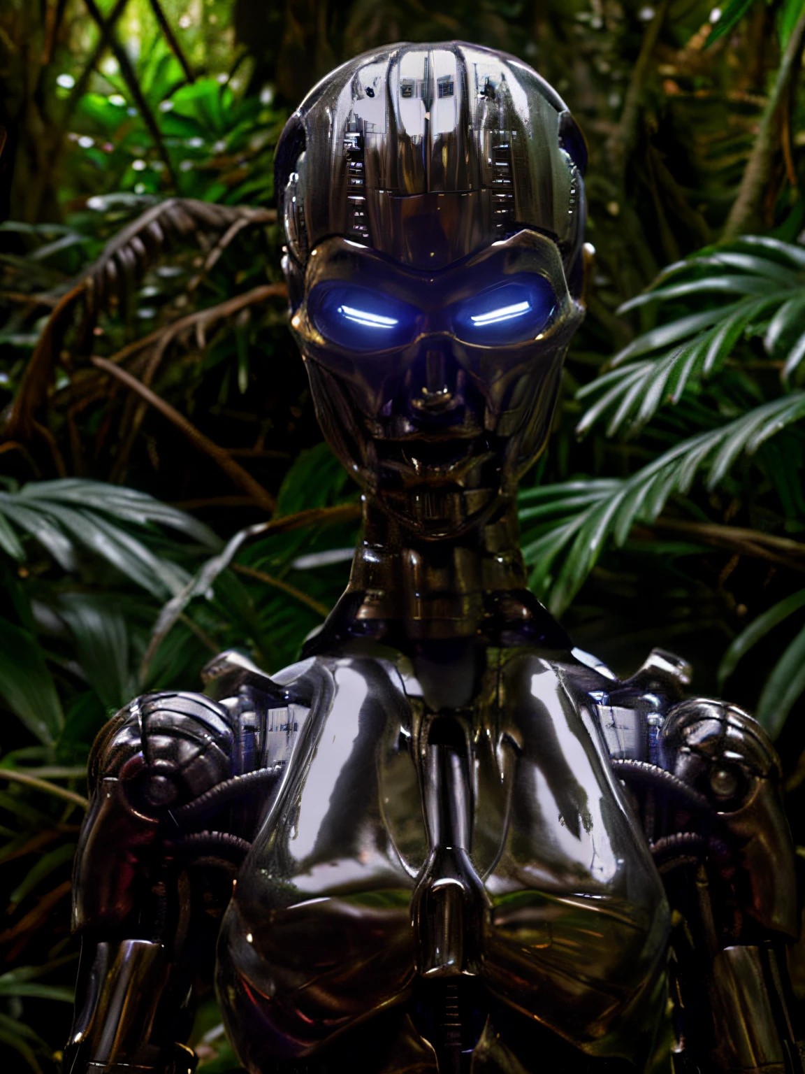 realistic, TX endoskeleton in a rainforest, daytime, clear lighting, (T-X Endoskeleton:1.2), detailed TX endoskeleton, ultrarealistic T-X, (deep focus1:0), sharp details, very high quality, photorealistic, ultra HD, 8K