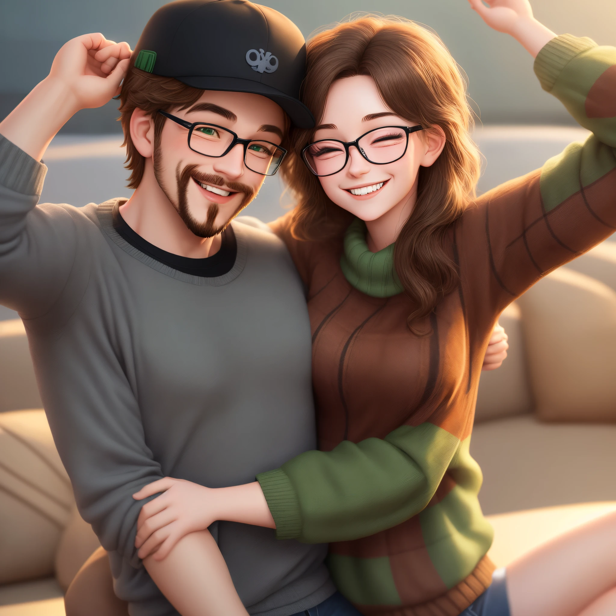 Disney Pixar of a couple. boy with brown hair, facial hair, wearing a hat and black plaid shirt who is squinting hugs a girl with glasses on her head, brown hair, green sweater, and is smiling with mouth closed. 3D image