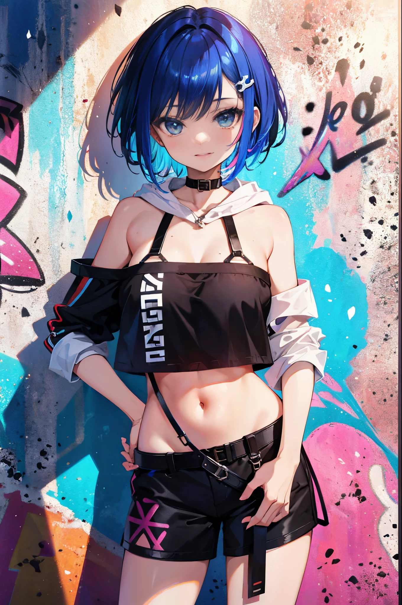 Cat ear,Small breasts,Belly button,Sweater with shoulders out,mini skirt,(ID photo:1.9,Plain background:Cerulean Blue),Hip Hugger Underwear:black,