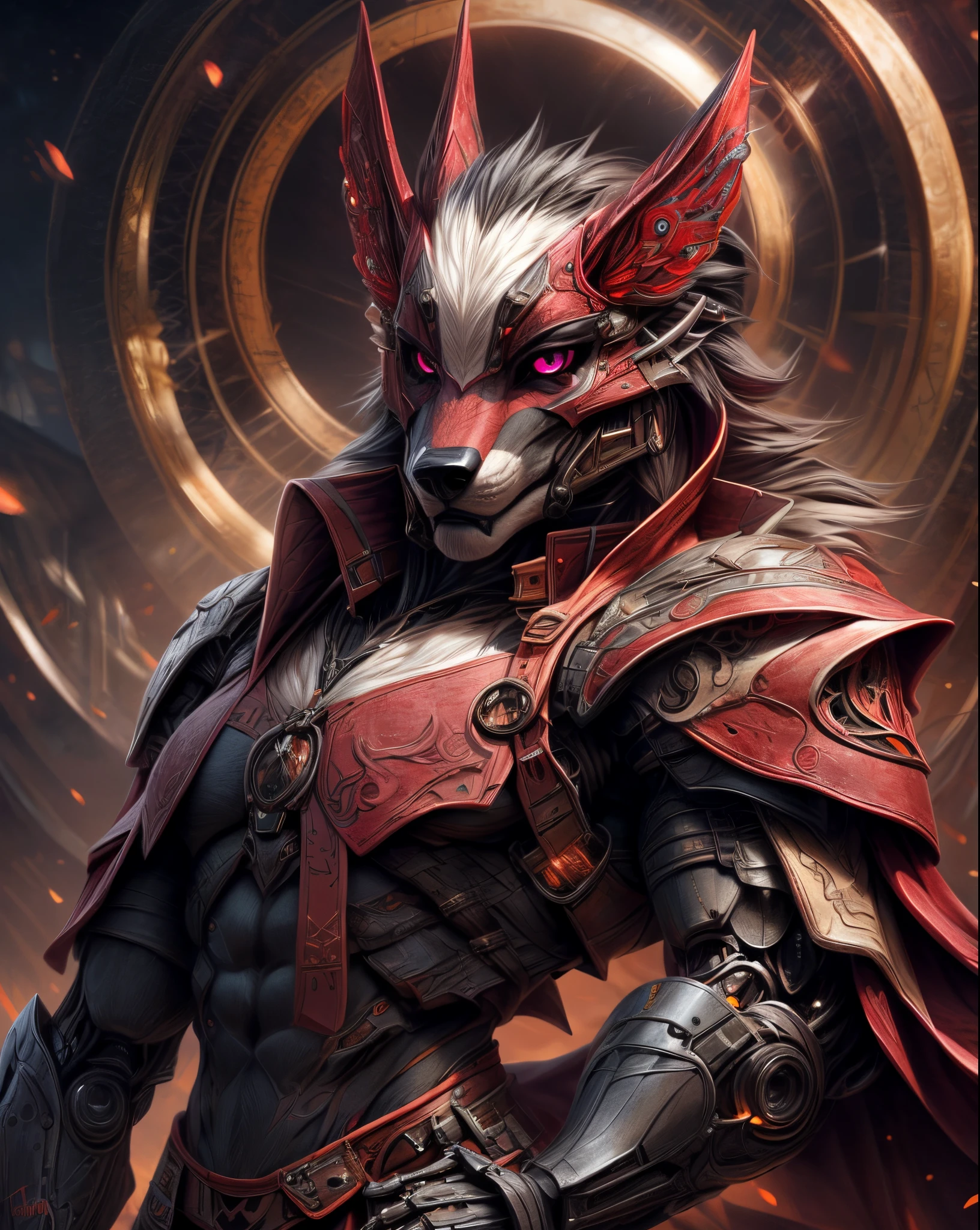 An epic and visually stunning digital artwork featuring a mid-30's feminine male dire wolf furry with an angular feminine facial structure and a flat masculine chest, fur a beautiful pure white. The character is adorned in a scifi tactical dark grey armored trench coat, the armor plating on the upper arms and shoulders beautifully engraved, the wolf wearing eyeshadow for added intrigue. The image showcases the beauty and elegance of the character, capturing their flamboyant essence and heavy tactical goth aesthetic. The character has bright piercing beautifully rendered pink eyes that stand out against their lovely white fur. The character also possesses androgynous features, with slim yet heavily muscled physique, sylphlike with a beautiful feminine waist and toned yet beautifully sleek cybernetic arms, gothic tribal markings flowing up their abs and down their arms, adding to their unique appearance, extremely beautiful eyes, extremely detailed eyes