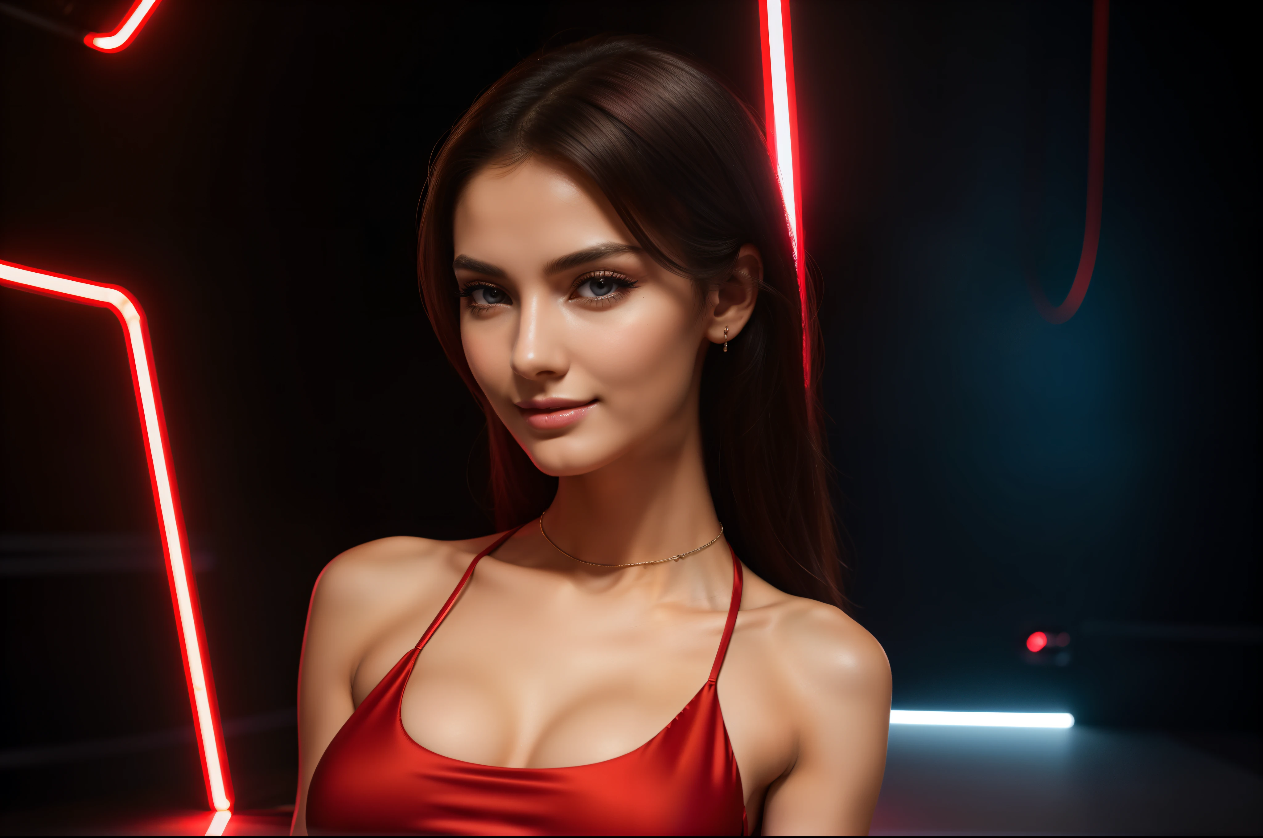 a girl alone in the edm ambience, (((1girl))),(((solo))),(((a girl alone))),(18years old),[the face is combination of (((irene1:1.2))) and (((Excella_er5:1.2)))],(sharp focus:1.5),beautiful detailed eyes,beautiful detailed lips,extremely detailed eyes and face,long eyelashes,gorgeous girl,feminine charm,pearl skin,(skin pores:1.1),extremely detailed face and skin texture,(skin texture:1.1),black hair,soft and smooth hair,tall and slender body,(192cm tall),thin and delicate figure,graceful posture,strong and defined muscles,flawless skin,defined abs,perfect curves,feminine appearance,beautiful long legs,embodying elegance and beauty,happy expression,full-smile,seductive eyes and sensual lips,large breasts,cleavage breasts,((wearing a ((red)) low-neck dress:1.3)),(no panty),(ultra-short dress:1.3),illustration,neon lights,glowing stage,strobe lights,smoky atmosphere,energetic dance moves,colorful lasers,party vibe,stylish outfit,deep bass,techno music,high energy,best quality,ultra-detailed,realistic,studio lighting,vivid colors,lively atmosphere