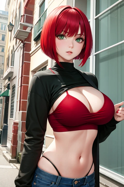A age girl with a short red bob, green eyes, and big breasts.,