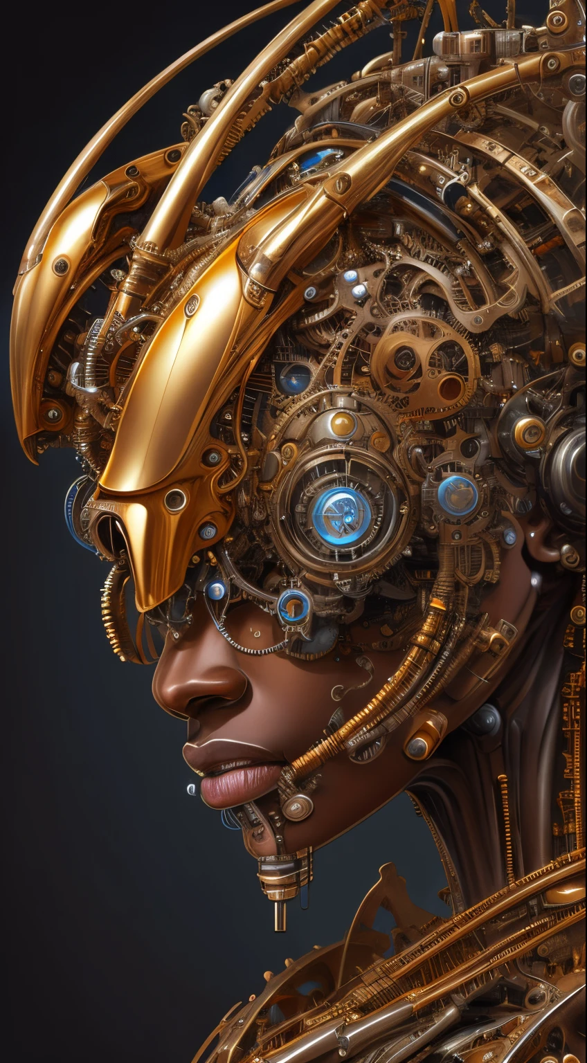 Artwork in the style of Vladimir Kush, WLOP and James Jean highly detailed and intricate portrayal of a mechanical or cybernetic face, likely inspired by steampunk and futuristic themes. The face, appears, African features, metallic and mechanical components, gold