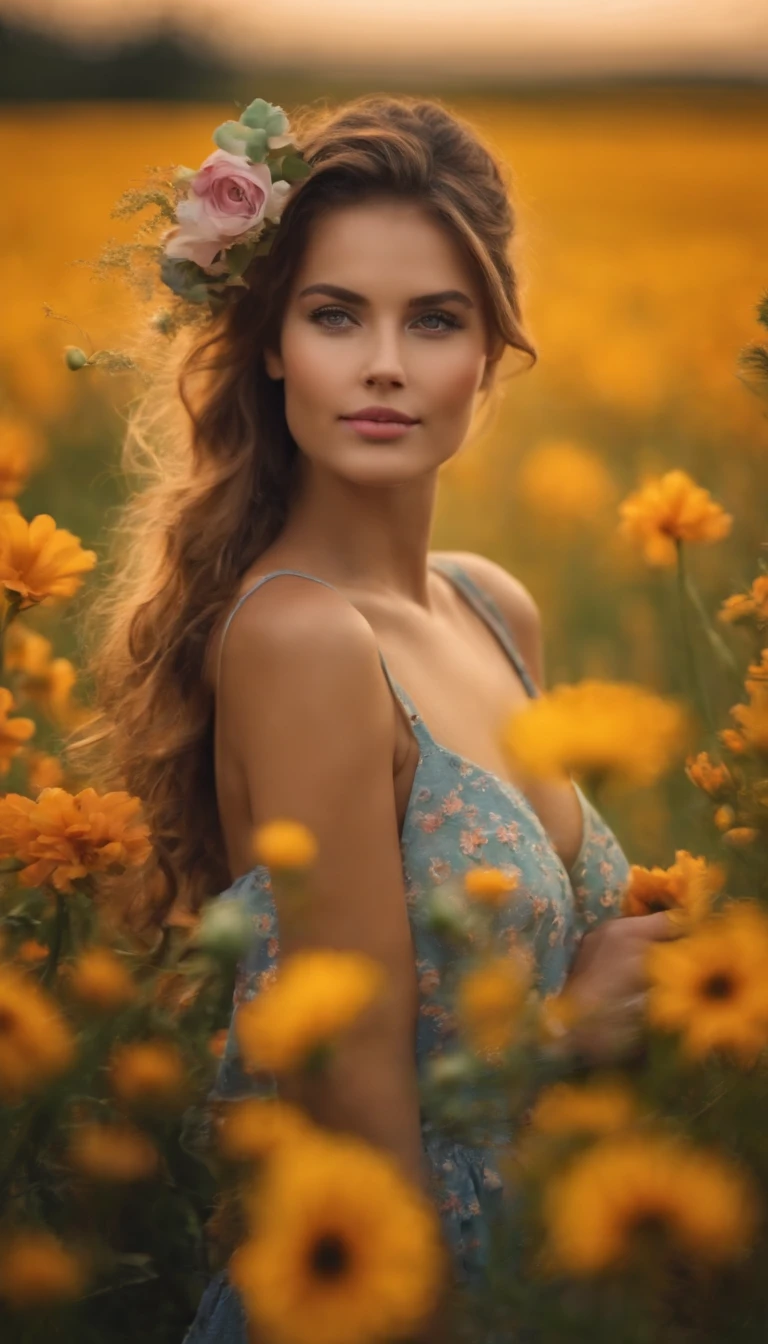 Hay una mujer parada en un campo de flores bajo la lluvia, Una diosa en un campo de flores, Karol behind UHD, girl in flowers, Retrato de tormenta de flores, Frente de la muchacha en el campo de flores, Hermoso arte Ultra HD 4K, girl in a flower field, en un campo de flores, Mujer en flores, arte digital 4K altamente detallado