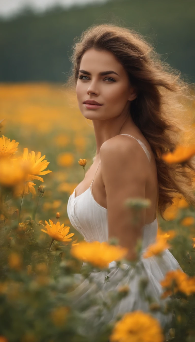Hay una mujer parada en un campo de flores bajo la lluvia, Una diosa en un campo de flores, Karol behind UHD, girl in flowers, Retrato de tormenta de flores, Frente de la muchacha en el campo de flores, Hermoso arte Ultra HD 4K, girl in a flower field, en un campo de flores, Mujer en flores, arte digital 4K altamente detallado