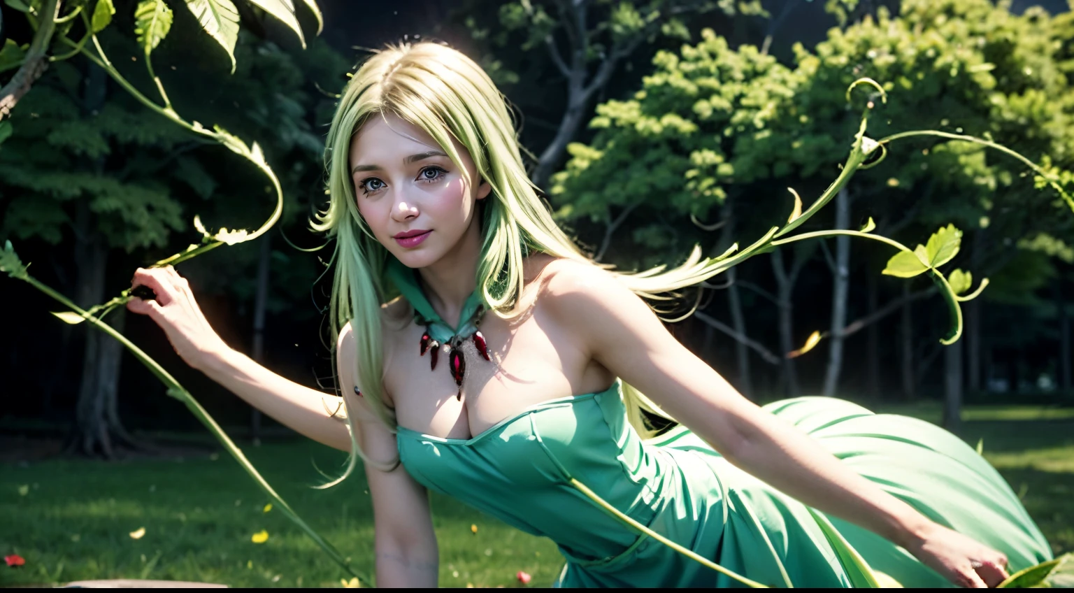 best quality, masterpiece, 1girl, (solo:1.1), raytracing, ultra detailed,detailed face, 8k wallpaper, large breasts, wide hips, TreyniTensuraNDV, 1girl, large breasts, (green hair:1.2), very long hair, green dress, necklace, jewerly, petals, vines, leaf, under-eye marks, solo, long hair, smile, dress, jewelry,