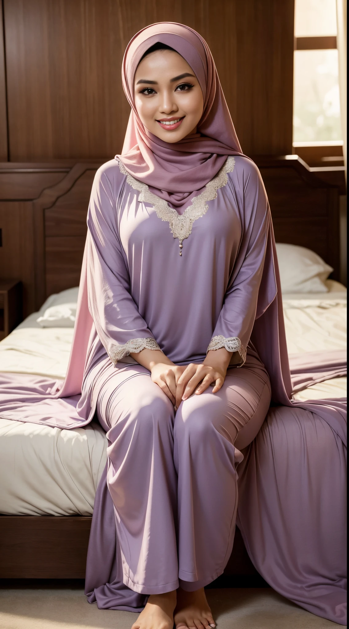 RAW, Best quality, high resolution, masterpiece: 1.3), beautiful Malay woman in hijab (iu:0.8),1 Malay woman wearing a plain hijab. 30 years. sweet smile. beautiful face. wearing a long nightgown. seductive pose, passionate face with lust, open mouth, sexy pose, morning view. beautiful photos 4k remastered. sitting, upstairs, in the bedroom