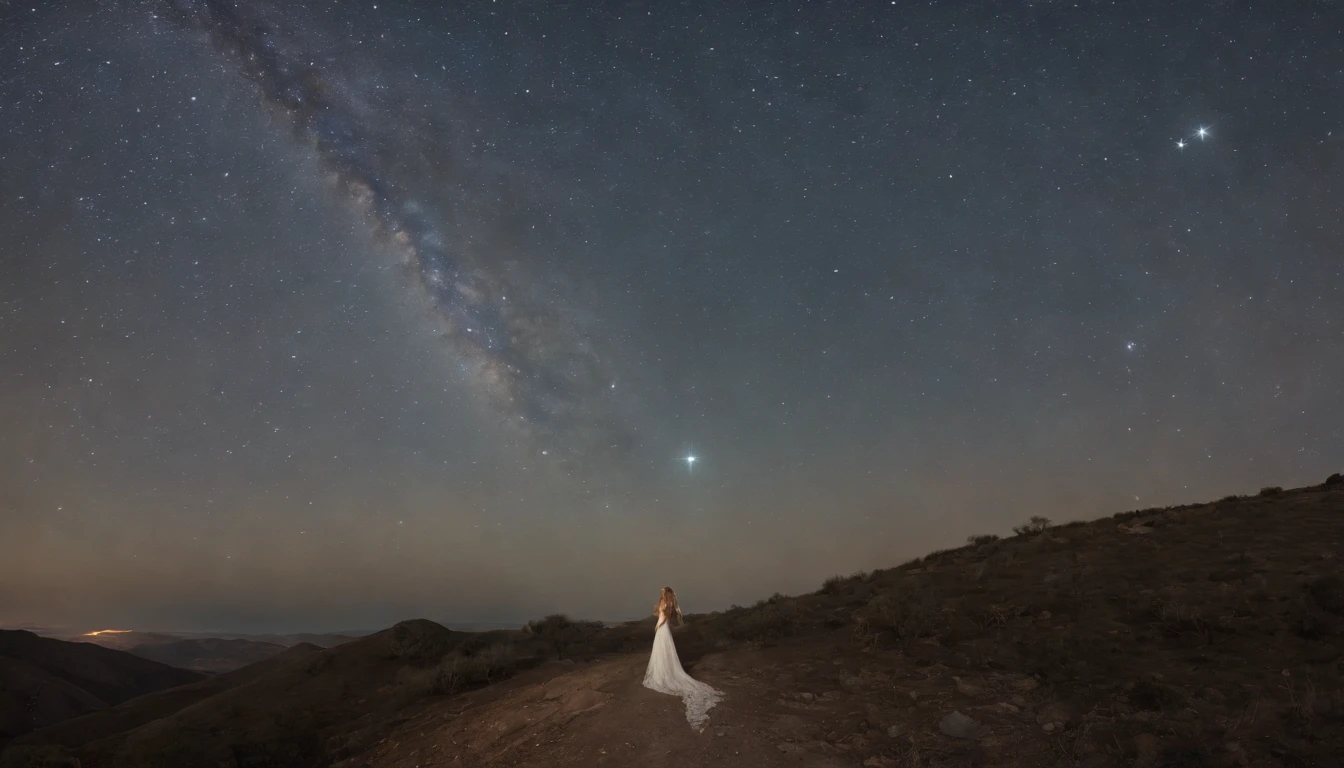 Lena Headey (age 25, airy sheer white elegant gown), camera low looking up at her butt and a starry sky, a few tiny space ships fly across the sky, lush ocean world
