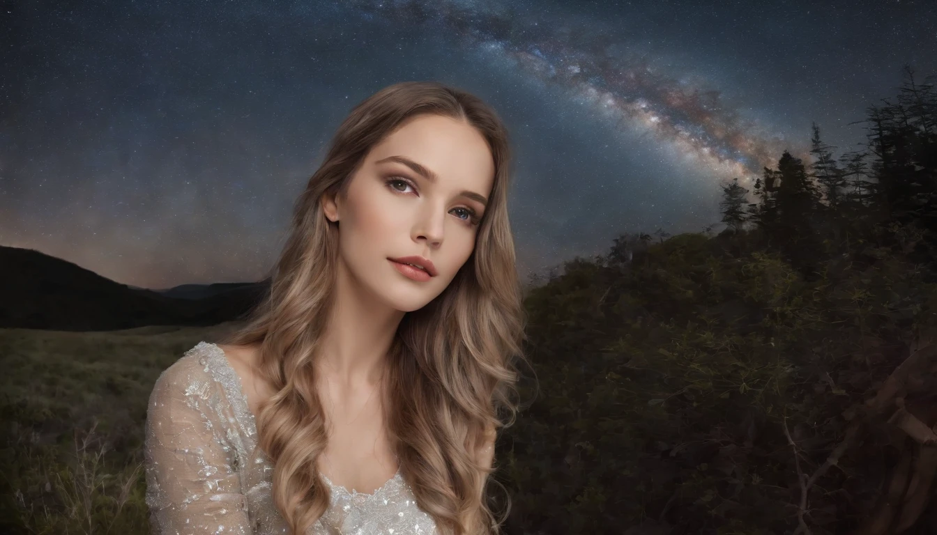 Paisaje, Reina vestida de velo blanco en la noche estrellada、Mirando diagonalmente hacia arriba, galaxia en la cima, Light Vortex, remolino,8K, Calidad de imagen realista,Espiral estelar, escombros, Piel de grano fino, beautiful woman,pelo largo con pelo gris, cabello suelto,Hermosa una chica,Arrastrando su dobladillo extraordinariamente largo、Cruzando la Tierra Abajo. mientras ella camina, La noche estrellada cae en tu camino. Starry night fantasy. Cara hermosa perfecta, Manos perfectas, Fantasyart, Paisaje, Calidad superior,Superfina,Foto realism,