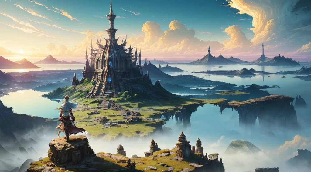 (by Greg Rutkowski: 1.2), (masterpiece), ((best quality)), extremely delicate and beautiful, illustration, 8K post-production, high resolution, hyperdetailed, depth of field, HDR, intricate, (fantasy landscape), A mesmerizing fantasy landscape with enchanting elements blending seamlessly. ((fantasy sky island, Skycity of Bhujerba from final fantasy XII)), A sense of tranquility and wonder fills the air, inviting exploration and discovery. Providing a distant view that captures the grandeur and atmosphere. From Brian Froud and Carne Griffiths and Wadim Kashin and John William Waterhouse.