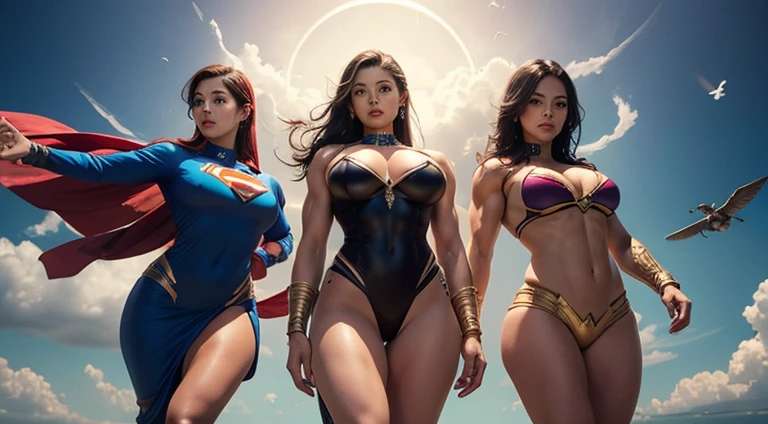 three BBW SUPERHEROINE BLACK GIRLS, 18 anos de idade, wear supergirl sexy, feathers apart, virilha esposta, Genitalia clivagem profunda, cintura exposta, expor pelos pubiano, com decote sexy, cabelos pretos, His eyes are dark and personalidade sensual e sexy, is hurting, seios gigantescos e cheios, flacidos sexy, (clivagem profunda). best quality, Realistic photo, photo corpo inteiro, a lot of sweating.