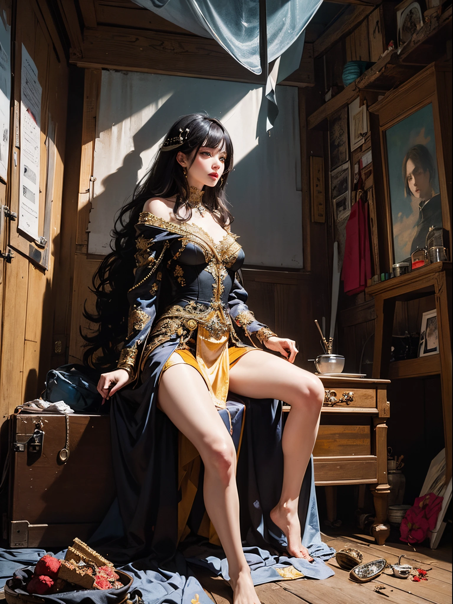 (A desert:1 girl with black hair,Western Region Dancer,Kneeling pose), tmasterpiece, best qualtiy, RAW photogr, realisticlying, the face, Incredibly Ridiculous res,, ear studs, (flowing long black hair),eye shadows,Bracelet,head chain,A wide variety of intricate jewelry,Collar,foot ring,Western-style bikini clothing,nipple tassels,Tulle skirt,The barefoot,depth of fields, A high resolution, ultra - detailed, filigree, RAWE is very detailed, very detailed eyes and faces, Sharp pupils, realistic pupil, tack sharp focus, cinmatic lighting,full bodyesbian,Bigboobs,long leges,From the front side,banquet,dynamicposes,Normal posture,closeup of face