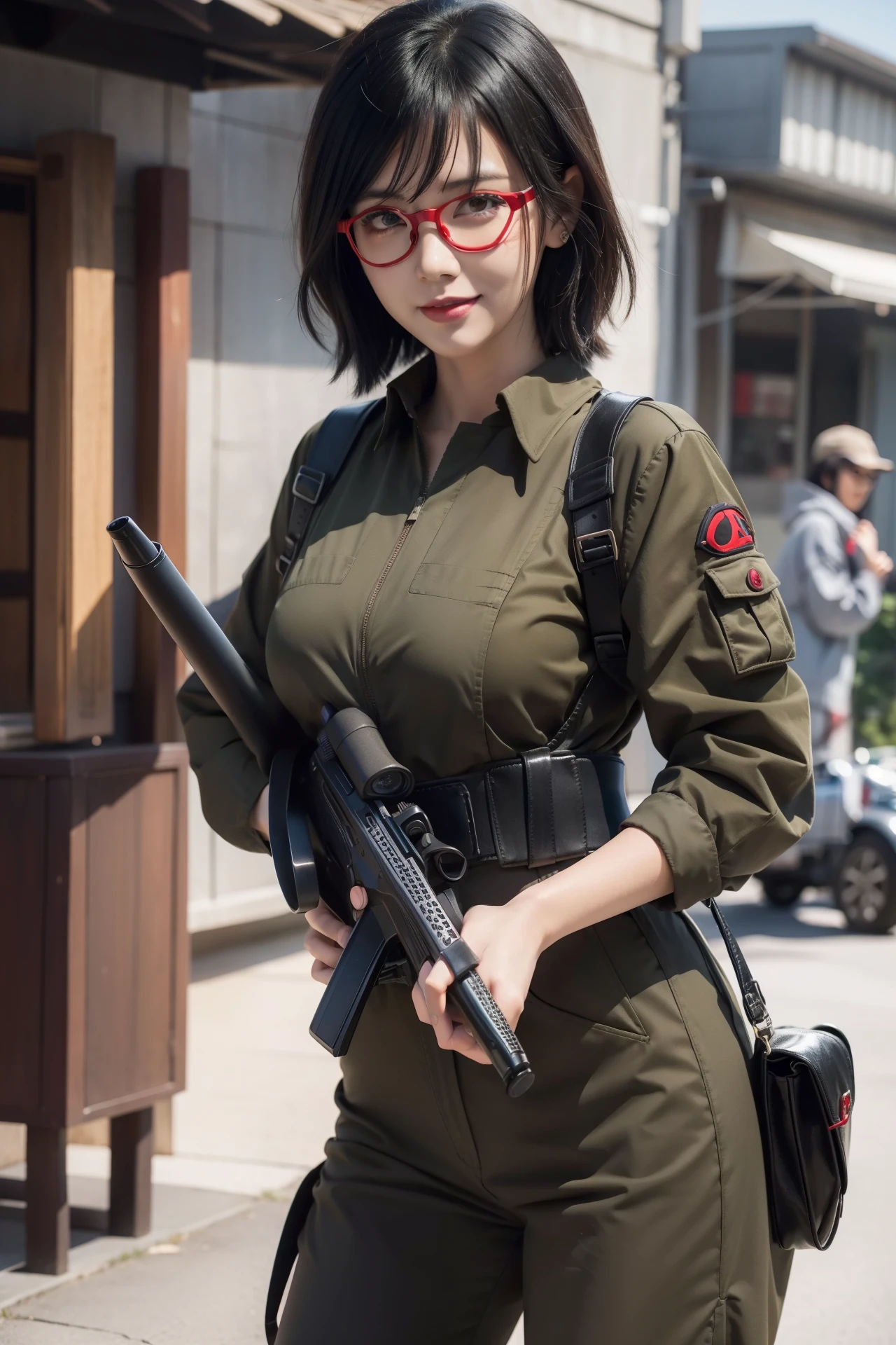 1girl, sarada uchiha in anime boruto, short hair, black hair, red eyes, smile, beautiful, sexy dress, sexy clothes, red clothes, wear red glasses, very big breast, realistic clothes, detail clothes, outdoor background, ultra detail, realistic