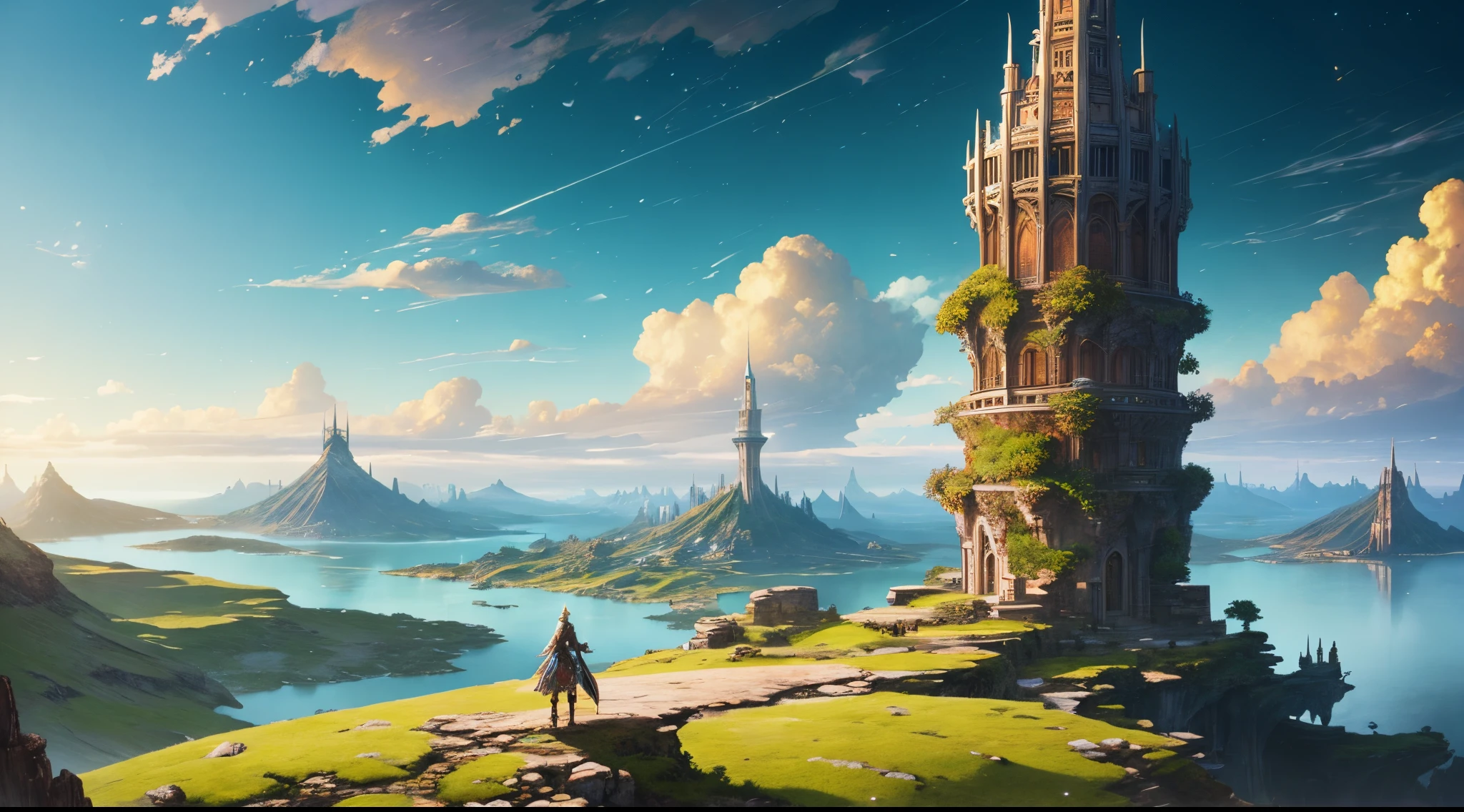 (by Greg Rutkowski: 1.2), (masterpiece), ((best quality)), extremely delicate and beautiful, illustration, 8K post-production, high resolution, hyperdetailed, depth of field, HDR, intricate, (fantasy landscape), A mesmerizing fantasy landscape with enchanting elements blending seamlessly. ((fantasy sky island, Skycity of Bhujerba from final fantasy XII)), A sense of tranquility and wonder fills the air, inviting exploration and discovery. Providing a distant view that captures the grandeur and atmosphere. From Brian Froud and Carne Griffiths and Wadim Kashin and John William Waterhouse.