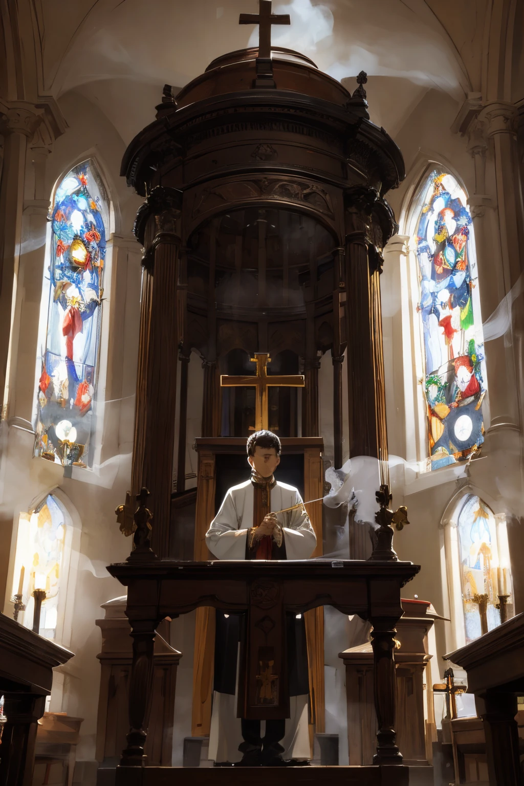 A traditional Catholic altar boy, inside a german catholic church holding a traditional old catholic censer with a lot of smoke, in the background beautiful and traditional catholic crucifix