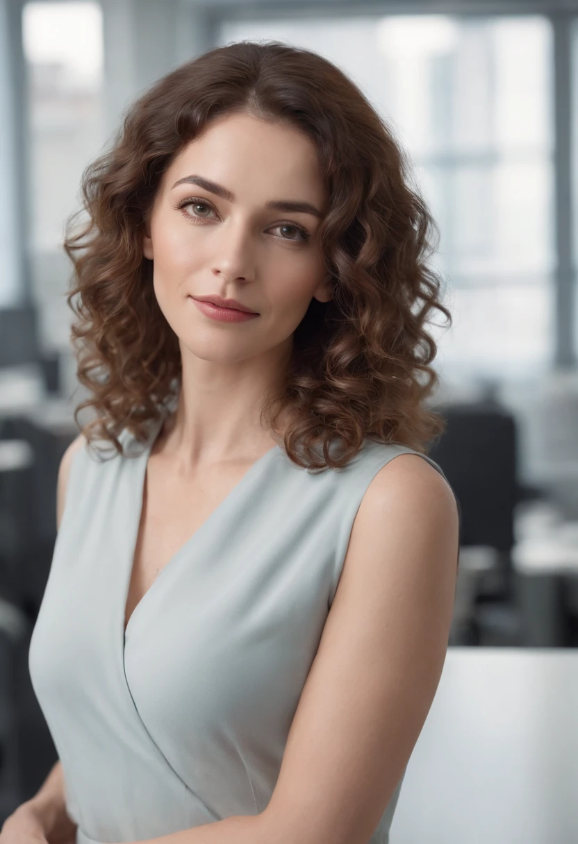 (full body), (standing), a 40 year old woman looking into the camera, extra long curly hair, detailed beautiful face, action shot, empty office background, daytime, photo realistic, CG, art station, masterpiece, HD photography