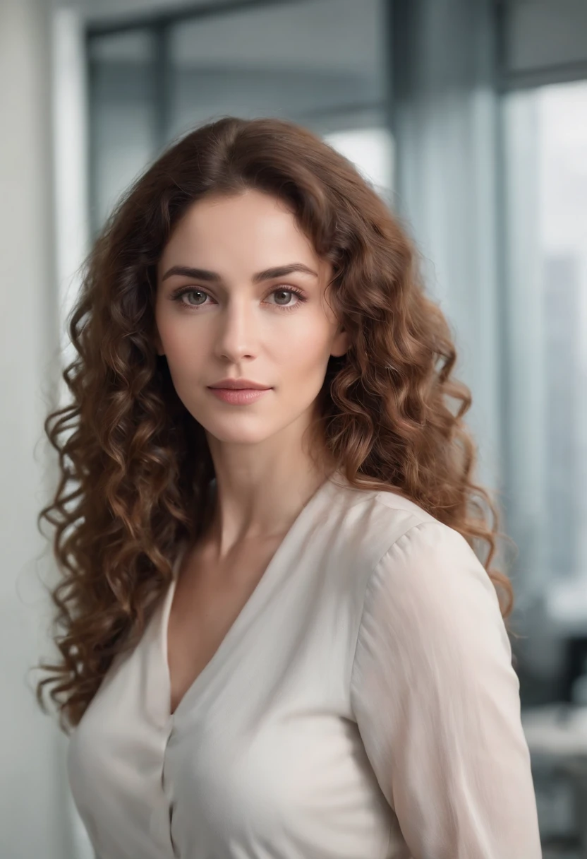 (full body), (standing), a 40 year old woman looking into the camera, extra long curly hair, detailed beautiful face, action shot, empty office background, daytime, photo realistic, CG, art station, masterpiece, HD photography