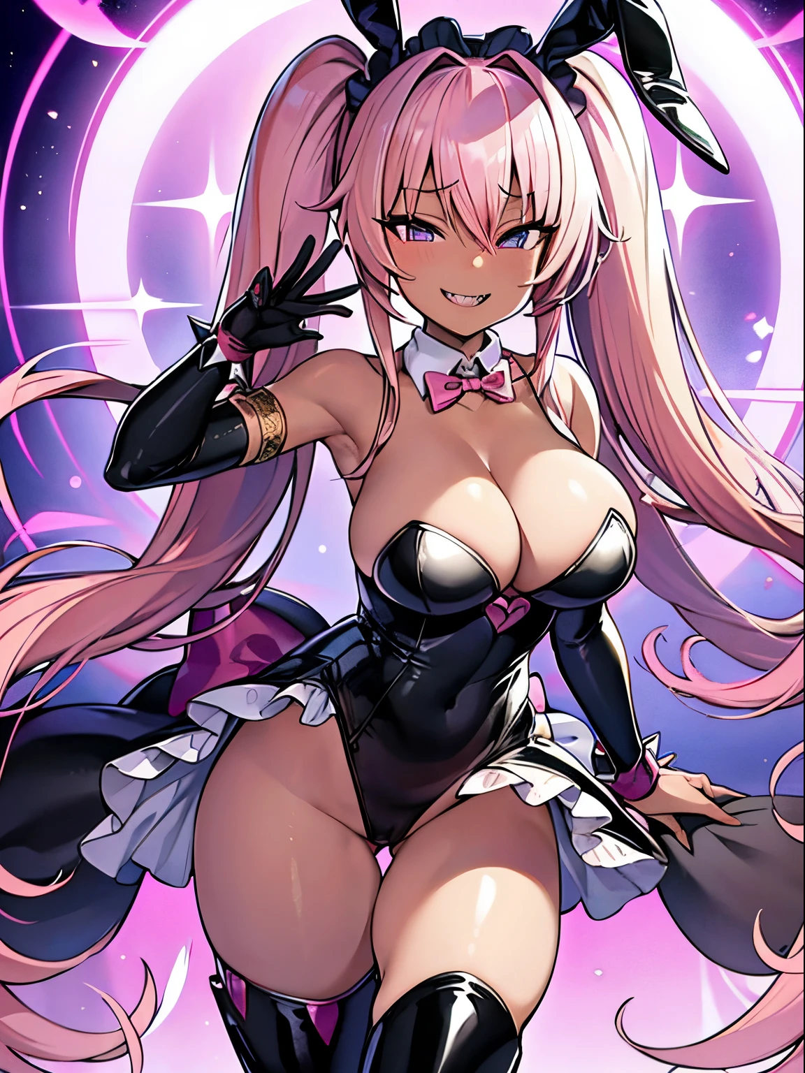 (Front Focus),(simple background:1.1), (Masterpiece, of the highest quality, best, Official art, Beautiful and aesthetic:1.2), game cg, Highly detailed and realistic CG, Colorful, Masterpiece, Best Quality, jewel-like eyes, 1girl, solo, (pink hair:1.5), shiny hair, very long straight hair, twintails, slender, skinny legs, magical girl, prity dress, party dress, black bunny suit, layered mini skirt, panty shot, pink pants, spiky boots, zettairyouiki, black eyes, empty eyes, bursting breasts, sagging breasts, cleavage, black elbow gloves, latex, smirk, smile, jig eyes, jitome, half-closed eyes, tsurime, from below, best quality eyes, sharp teeth, tsundere, leaning forward, hand on cheek, teasing, smug, open mouth, fangs, tongue out, (Sharp Focus:1.2), big ribbon, cute headdress, luxury boots, dark skin, bunny ears,