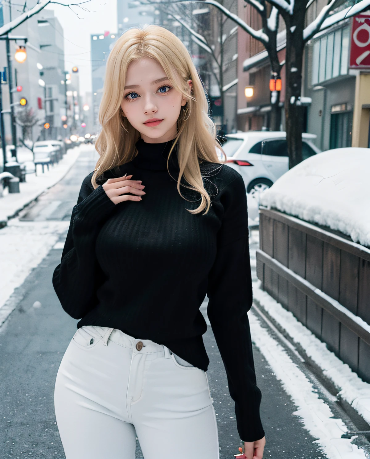 1girl, (Blue eyes), (Smile), (Sana Minatozaki), wide hips, Big Boobs, big ass, round butt, (Best Quality, 8k, Masterpiece: 1.3), perfect hands, Clear Focus: 1.2, Perfect Body Beauty: 1.4 , Slender Abs: 1.2, Highly detailed face and skin texture, detailed eyes, double eyelids, (blonde long hair), ((long tight black sweater :1.3)), white jeans, standing, dynamic pose, in a snowy neighborhood of Tokyo, snowing