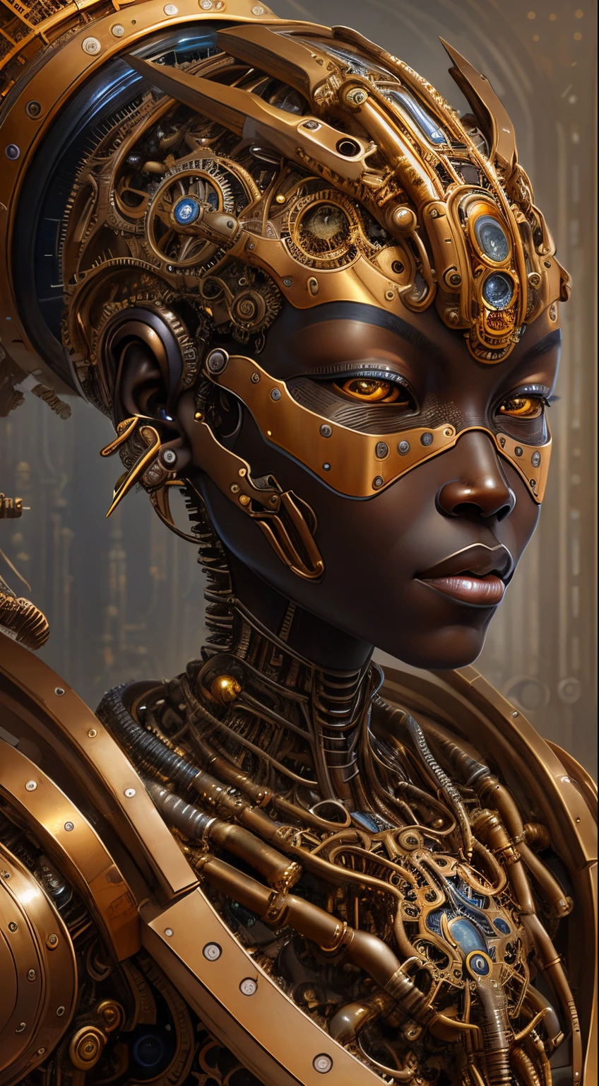 Artwork in the style of Vladimir Kush, WLOP and James Jean highly detailed and intricate portrayal of a mechanical or cybernetic face, likely inspired by steampunk and futuristic themes. The face, appears, African features, metallic and mechanical components, gold