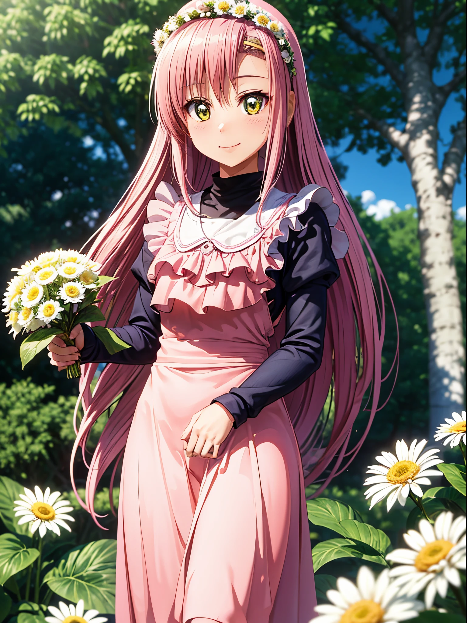 hight resolution, top-quality, ultra-quality,3D images、Daisies、3D images、Katsura Hina is cute no matter who sees it、Beautiful flowers々Park in full bloom、A pink-haired, verd s eyes, Very long hair, Straight hair、Highly detailed CG Unity 8k wallpaper, [3D images:1.15],Attractive eyes、[[A detailed eye、Colorful eyes、radiant eyes:1.15]], , The ultra-detailliert,Fine fingers、front-facing view、lighting like a movie、Hinagiku Katsura、Absolute references、 a park、Wedding lingerie、Wedding gloves up to the arm、robe blanche、a closed mouth、Cute smile、long  skirt、Cowboy Shot