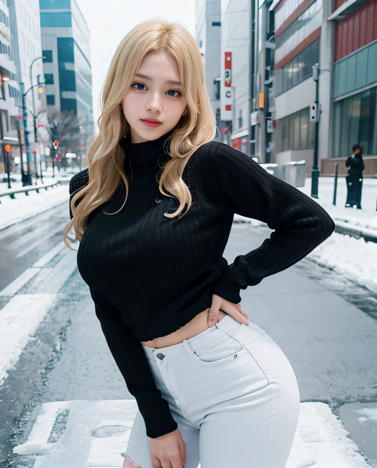 1girl, (Blue eyes), (Smile), (Sana Minatozaki), wide hips, Big Boobs, big ass, round butt, (Best Quality, 8k, Masterpiece: 1.3), perfect hands, Clear Focus: 1.2, Perfect Body Beauty: 1.4 , Slender Abs: 1.2, Highly detailed face and skin texture, detailed eyes, double eyelids, (blonde long hair), (tight black sweater :1.2), white jeans, standing, dynamic pose, in a snowy neighborhood of Tokyo, snowing