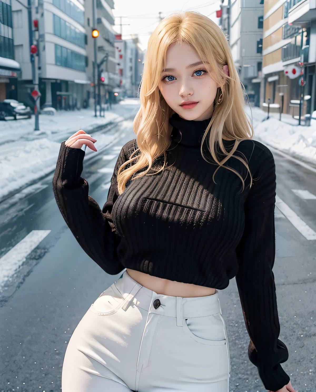 1girl, (Blue eyes), (Smile), (Sana Minatozaki), wide hips, Big Boobs, big ass, round butt, (Best Quality, 8k, Masterpiece: 1.3), perfect hands, Clear Focus: 1.2, Perfect Body Beauty: 1.4 , Slender Abs: 1.2, Highly detailed face and skin texture, detailed eyes, double eyelids, (blonde long hair), ((long tight black sweater :1.3)), white jeans, standing, dynamic pose, in a snowy neighborhood of Tokyo, snowing