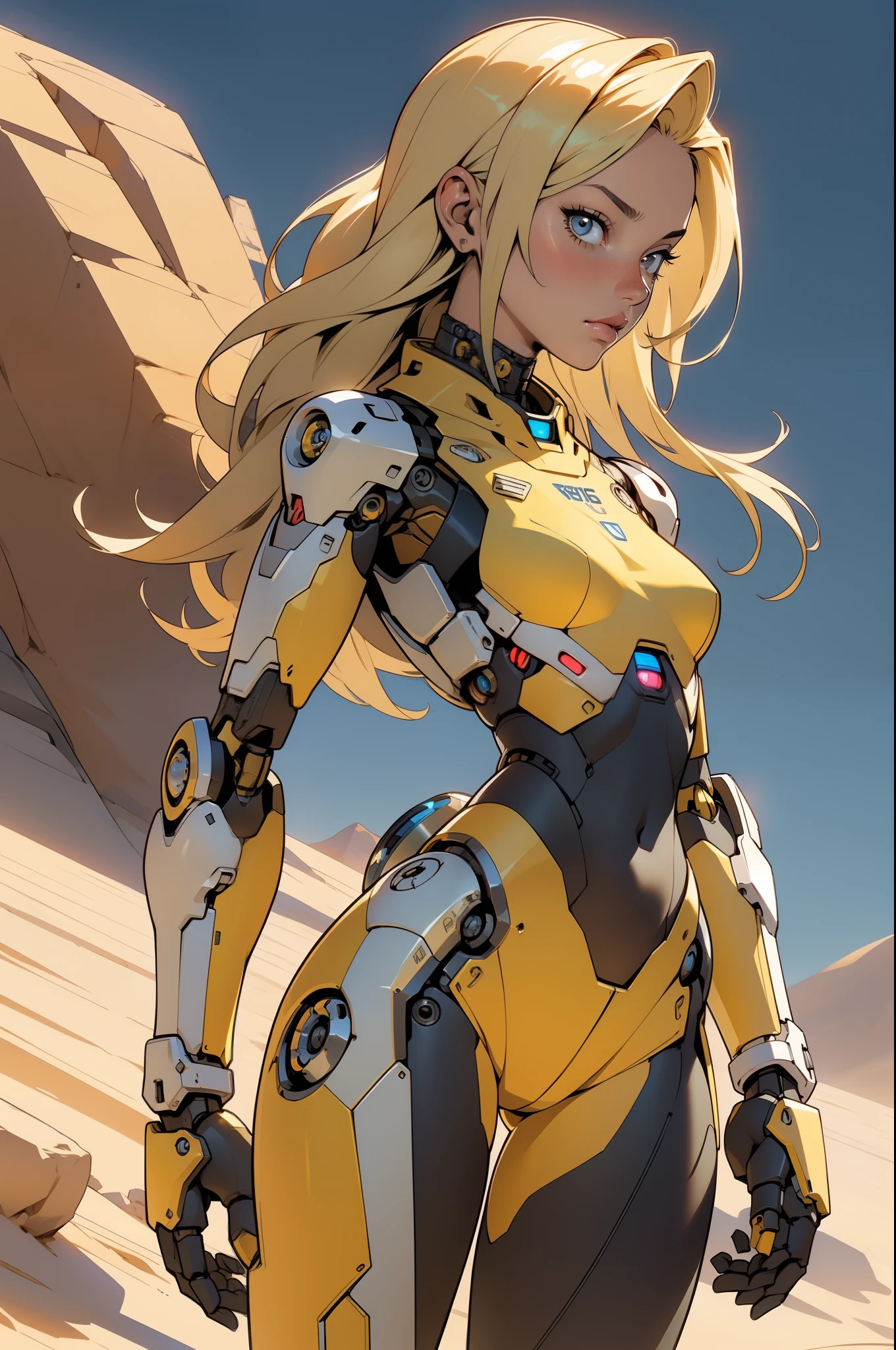high quality, 4k, masterpiece, beautiful, cyborg girl, cowboy shot, dull eyes, back side, turning around to look at viewer, long blonde hair, girl, small breasts, fit thigh, robotic arms, robotic body, cyborg body, yellow accent, red accent, intricate detail, joint, detailed lines, robotic detail, 1fist on hip, color robotic parts, robotic parts with color, perfect fingers, on a desert planet, sunny background, colorful desert,