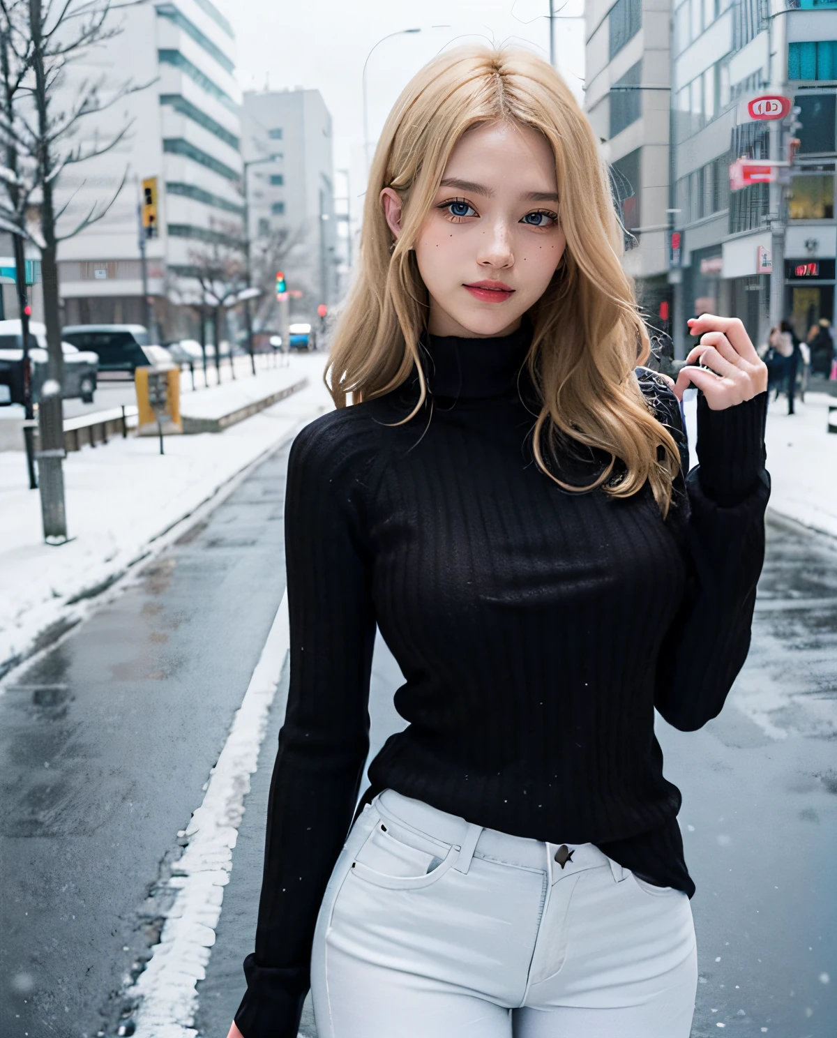 1girl, (Blue eyes), (Smile), (Sana Minatozaki), wide hips, Big Boobs, big ass, round butt, (Best Quality, 8k, Masterpiece: 1.3), perfect hands, Clear Focus: 1.2, Perfect Body Beauty: 1.4 , Slender Abs: 1.2, Highly detailed face and skin texture, detailed eyes, double eyelids, (blonde long hair), ((long tight black sweater :1.3)), white jeans, standing, dynamic pose, in a snowy neighborhood of Tokyo, snowing