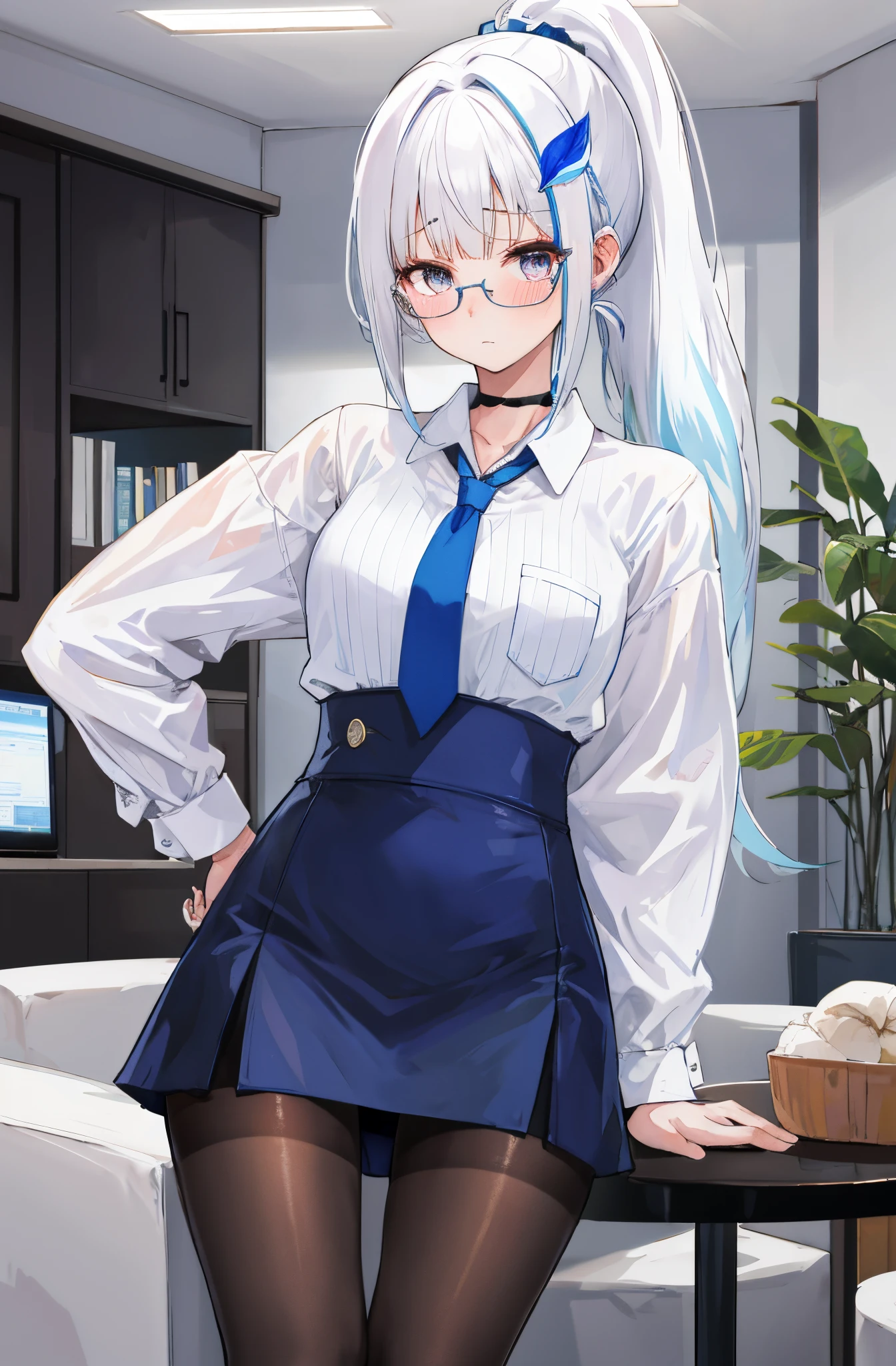 One girl with high ponytail hair, white hair, blue inner hair, looking at viewer, embarrassed, blushing, tears, indoor, living room, white shirts, black necktie, mini skirt, office lady, thigh, slim, dizzy, choker, mid-chest, wide hips, perfect waist, spread legs, night atmosphere, hair ornament, standing, glasses, pantyhose, (embarrassed:1.0)