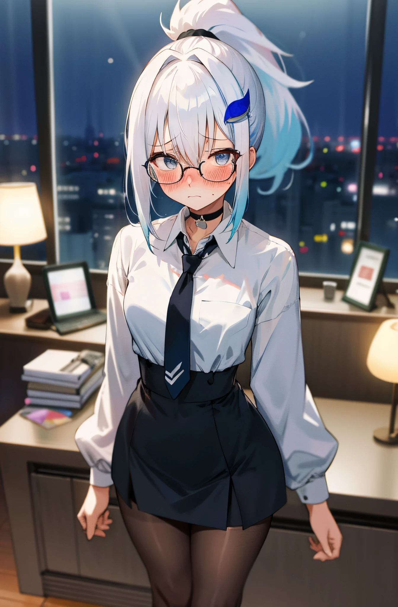 One girl with high ponytail hair, white hair, blue inner hair, looking at viewer, embarrassed, blushing, tears, indoor, living room, white shirts, black necktie, mini skirt, office lady, thigh, slim, dizzy, choker, mid-chest, wide hips, perfect waist, spread legs, night atmosphere, hair ornament, standing, glasses, pantyhose, (embarrassed:1.0)