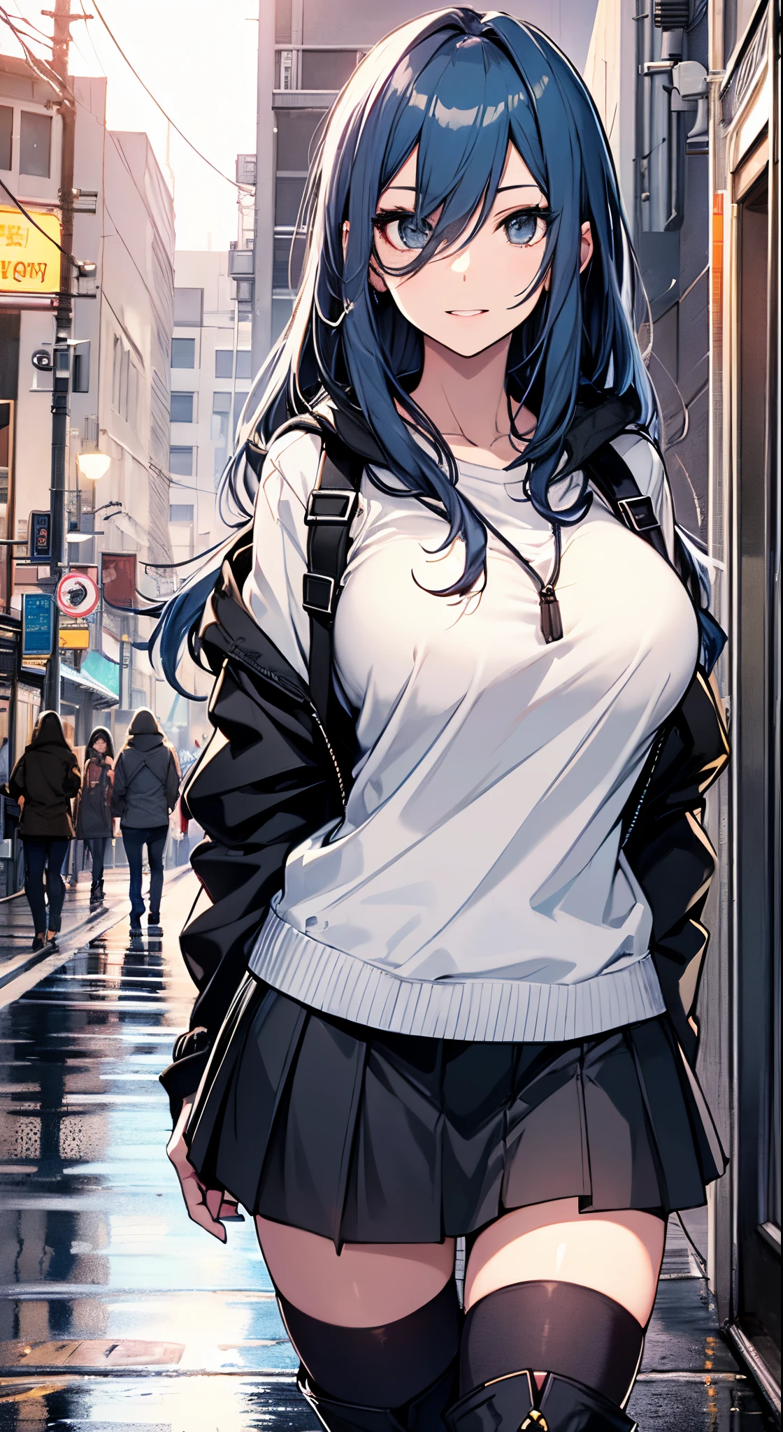 top-quality、supreme1People Girls,hightquality,A detailed face、A detailed eye、Detailed nose、Detailed mouth、 Beautiful expression, ((masuter piece)), ((High resolution)), ((Best Quality)), detail, (Excited face.Very happy,),(tshirts、parka、Tight mini skirt、Black stockings、long boots、One bag)、 girl with,Blue-haired, (Long straight hair)、Standing figure、fair white skin:1.3、、Big breasts, cinmatic lighting, perfectly shaded,(((In the street))), Realistic lighting with shades,Reflecting the whole body