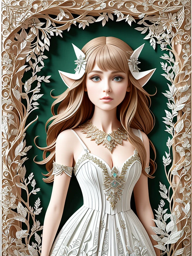 （（（paper cut art，Flat paper cutout）））There is a photograph of an elf in a fluffy paper dress., The Art of Paper Modeling, Paper face, paper dress, paper patterns, 3D paper art, Paper art, Made of paper, UHD resolution, Multi-layered paper art, Detailed clothing and face, elf, extremely high details, highly detailed woman, Complex fantasy reality, Fantasy, intricate artwork, Intricate portrait