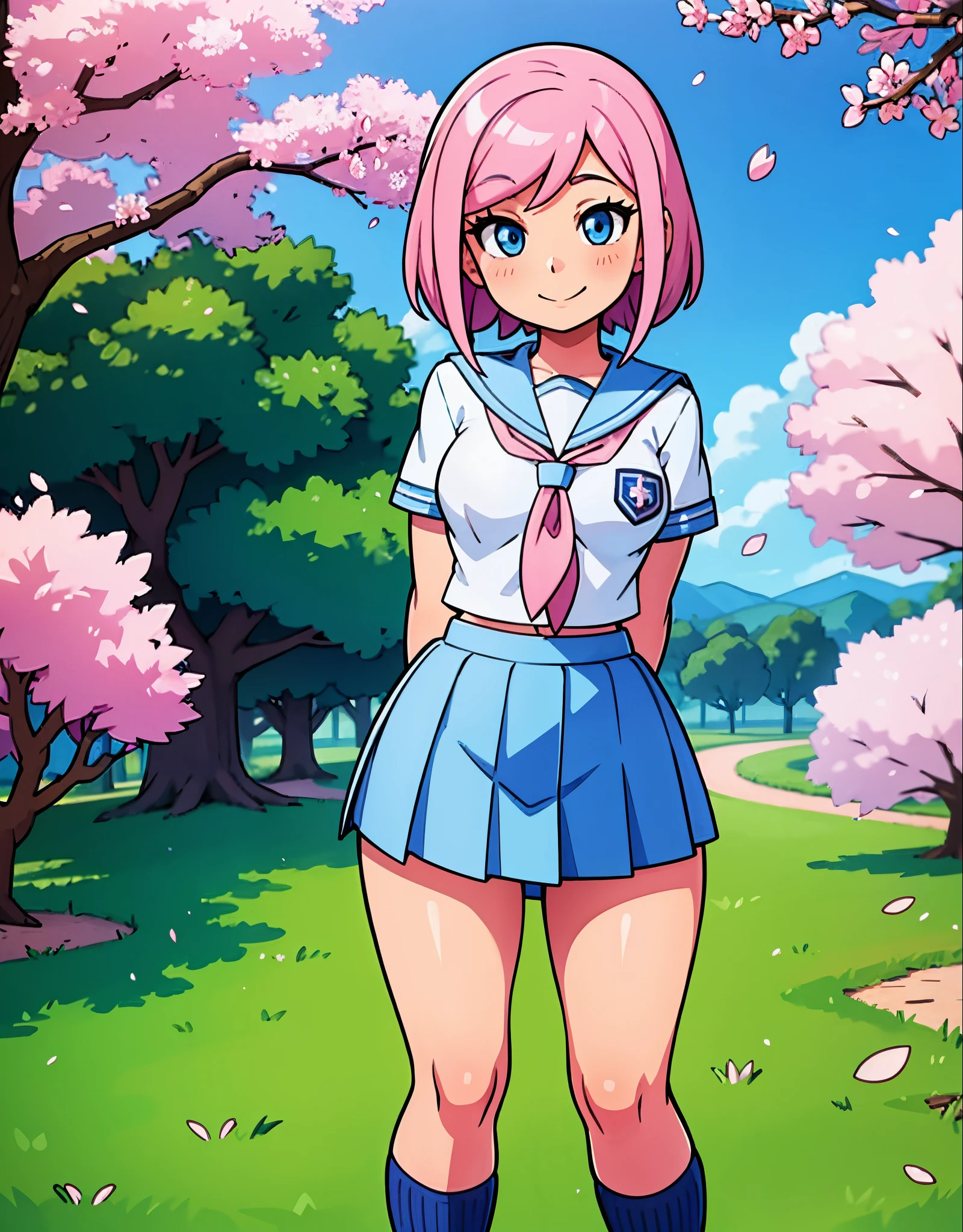 girl, pink hair, small breasts, (wide hips:1.2), standing, smile, school uniform, blue miniskirt, hands at sides, looking at viewer, outside, near tree, arms behind back, (road:0.6), pov, looking at viewer, facing viewer, perfect eyes, blue eyes, cherry blossom