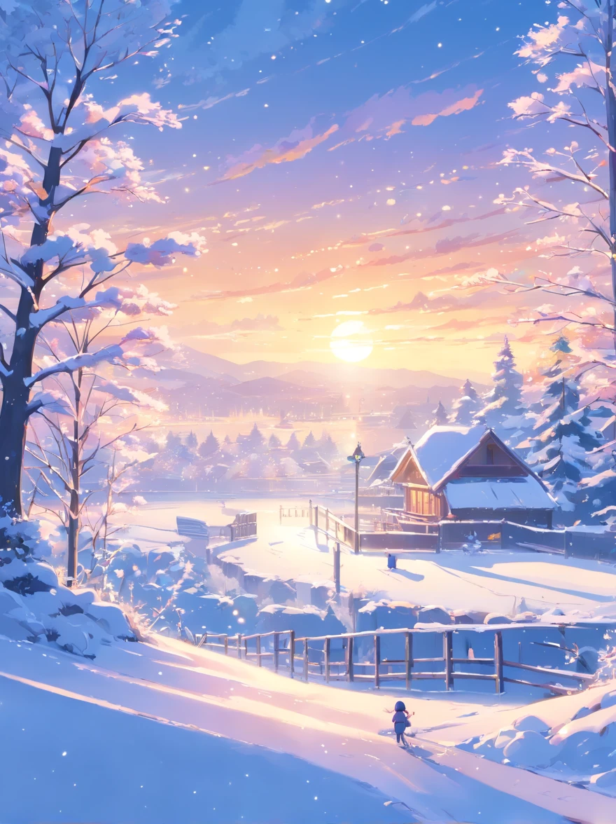 (winter wonderland,4k,highres,masterpiece:1.2),messy painting,brushstrokes,landscape,minimalist,compelling composition,bokeh,golden light,on the snow capped trees